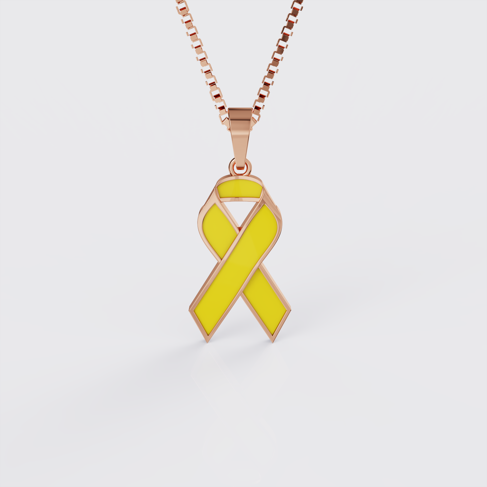 Rose gold endometriosis awareness ribbon pendant necklace with yellow enamel, front view.
