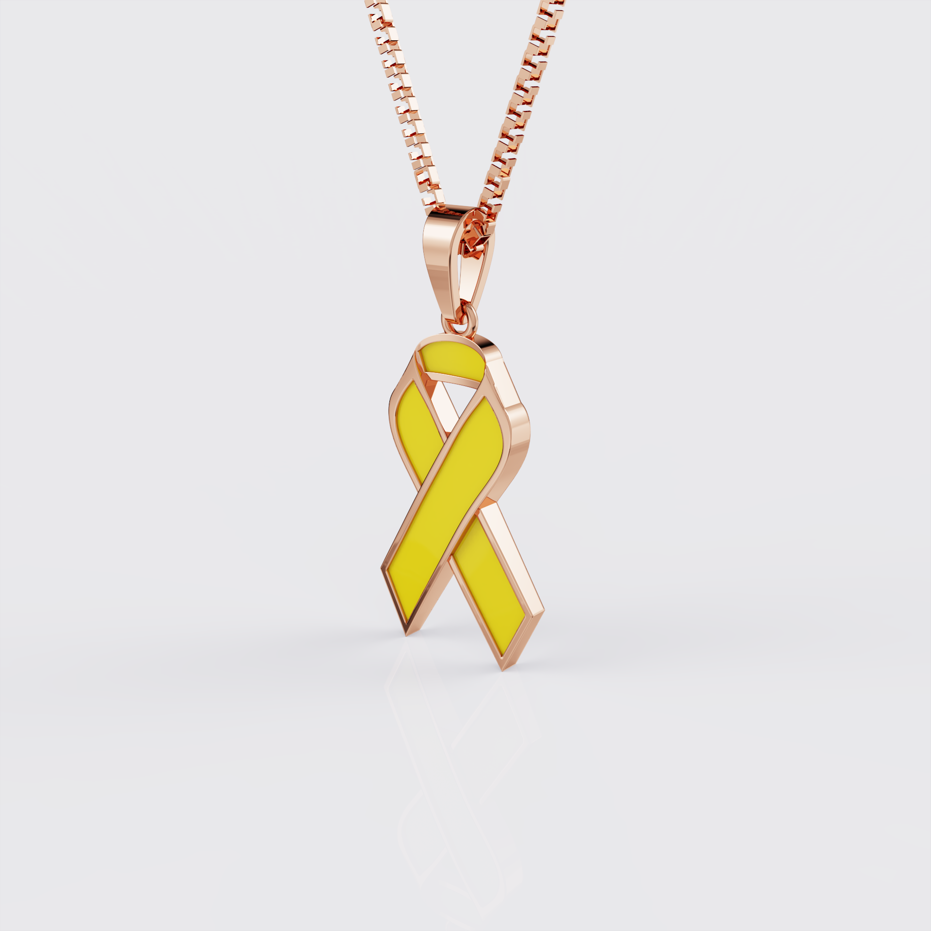 Rose gold endometriosis awareness ribbon pendant necklace with yellow enamel, front view.
