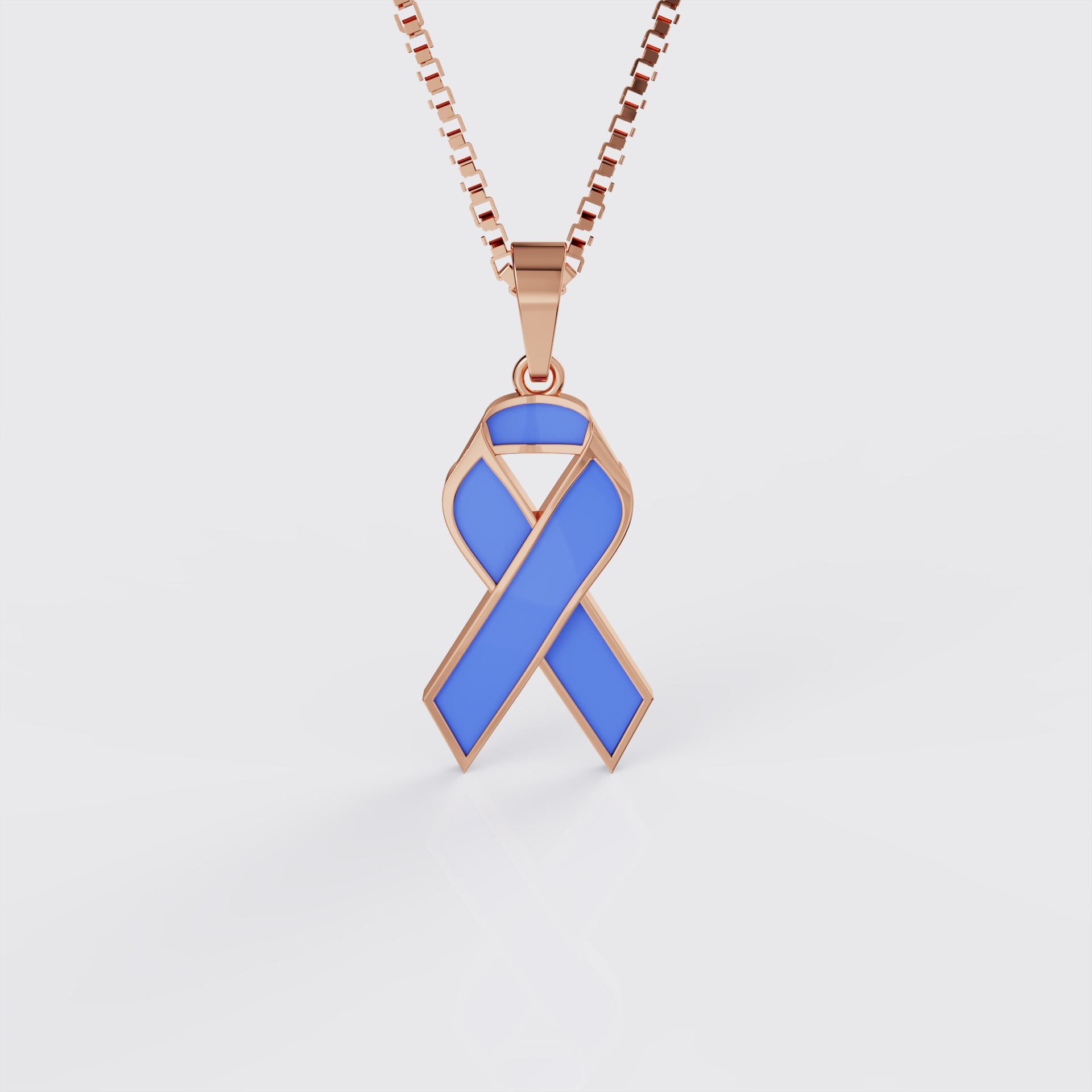 Rose gold esophageal cancer awareness ribbon pendant necklace with periwinkle enamel, front view.