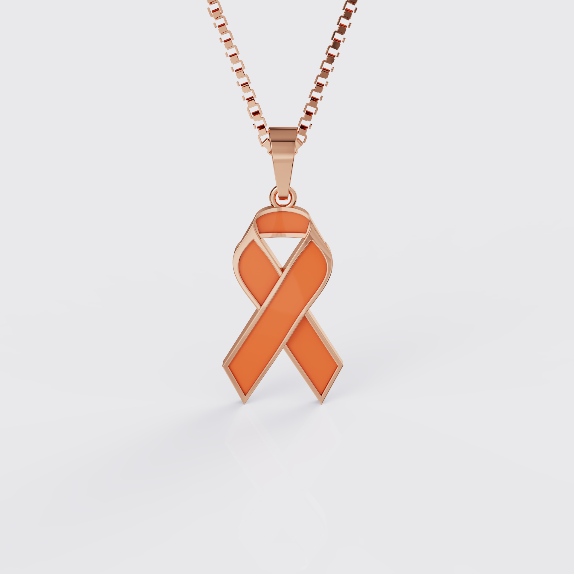 Rose gold kidney cancer awareness ribbon pendant necklace with orange enamel, front view.