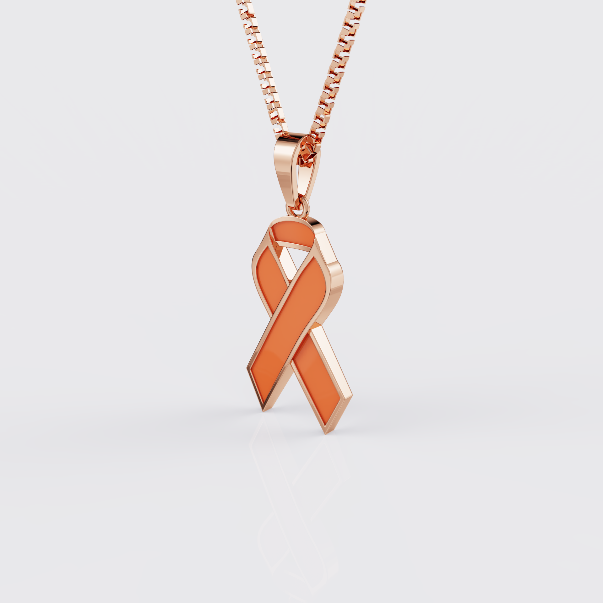 Side profile of rose gold kidney cancer awareness ribbon pendant necklace.