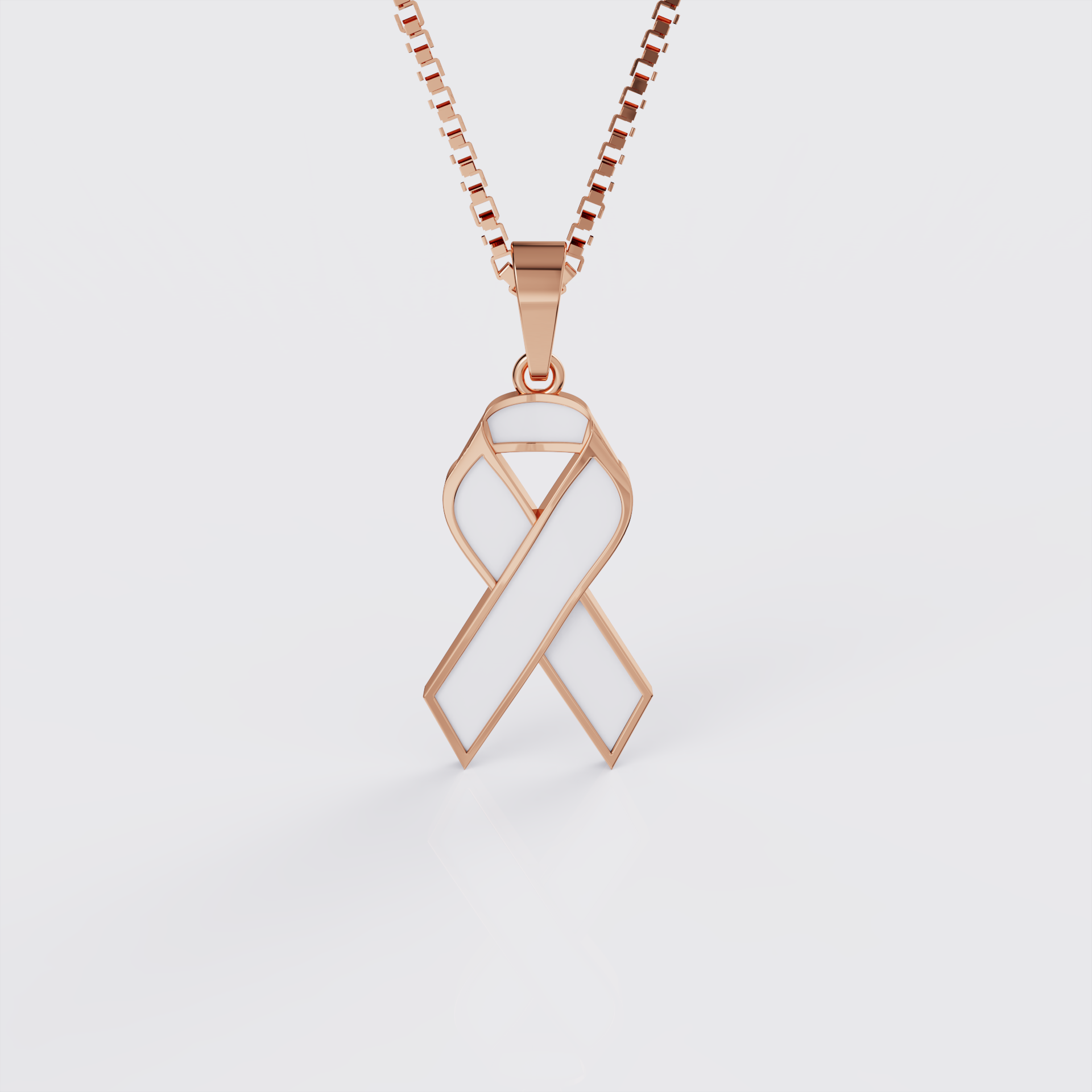 Rose gold lung cancer awareness ribbon pendant necklace with pearl white enamel, front view.
