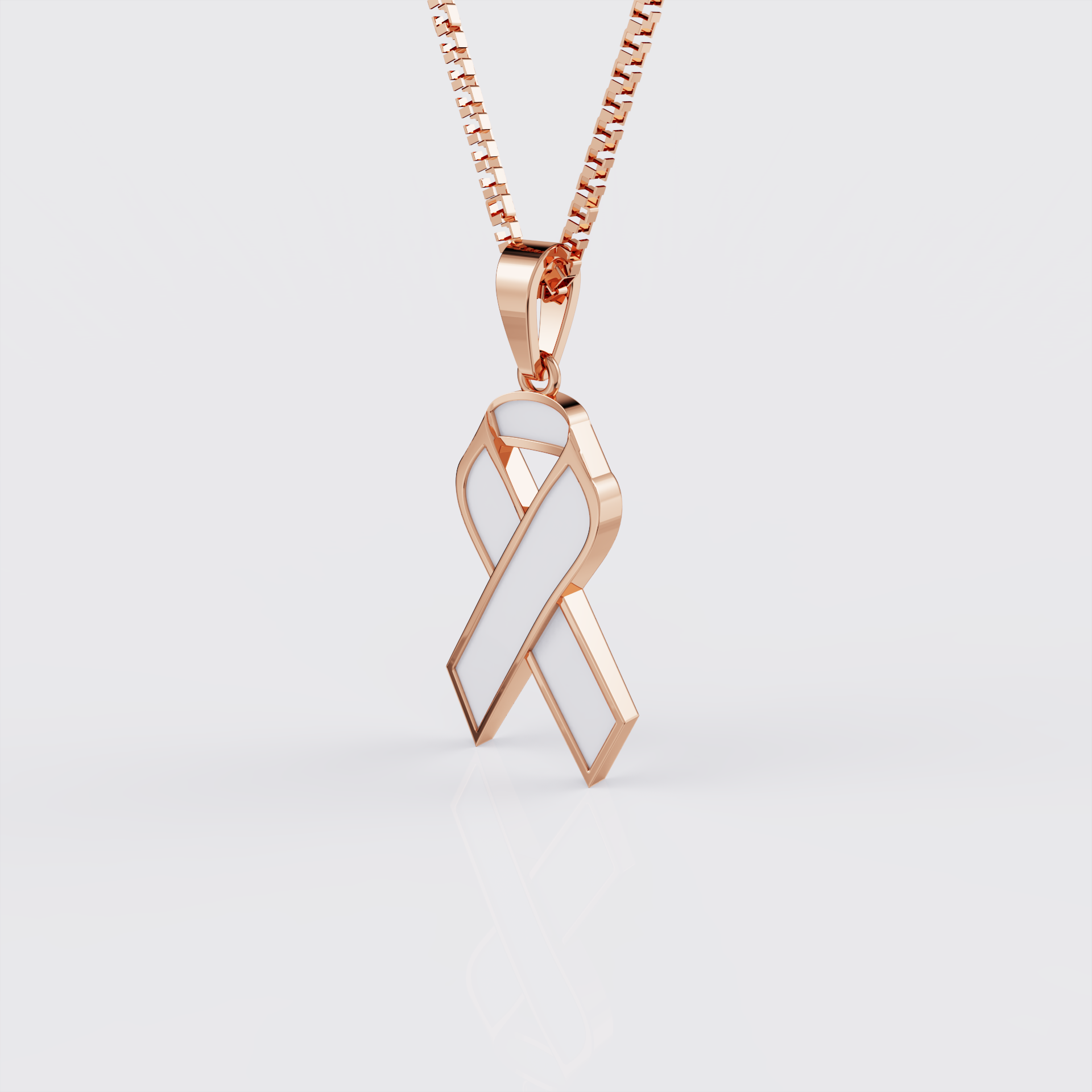 Side profile of rose gold lung cancer awareness ribbon pendant necklace.
