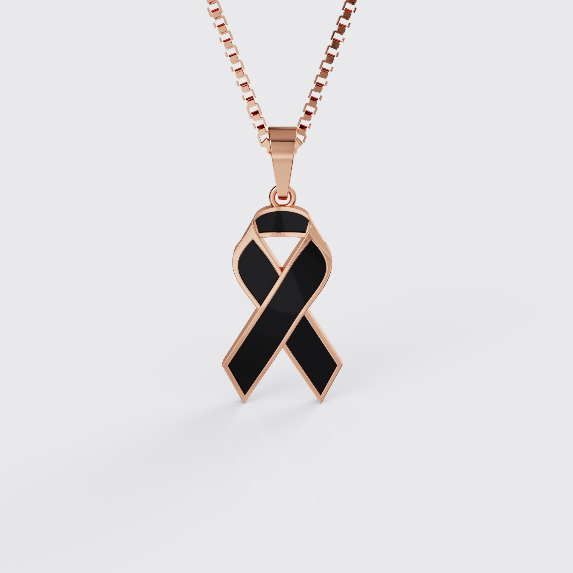 Rose gold melanoma skin cancer awareness ribbon pendant necklace with black enamel, front view.