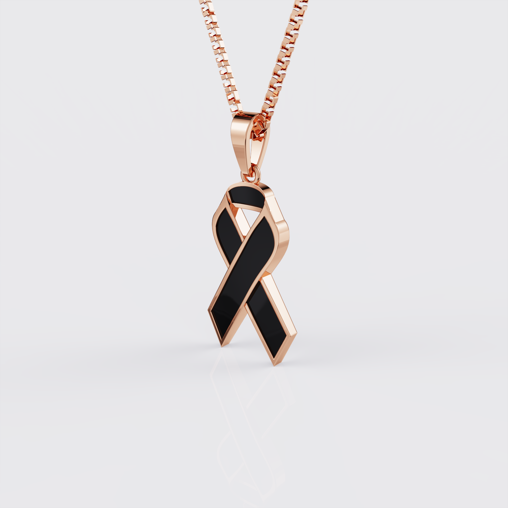 Side profile of rose gold melanoma awareness ribbon pendant necklace.