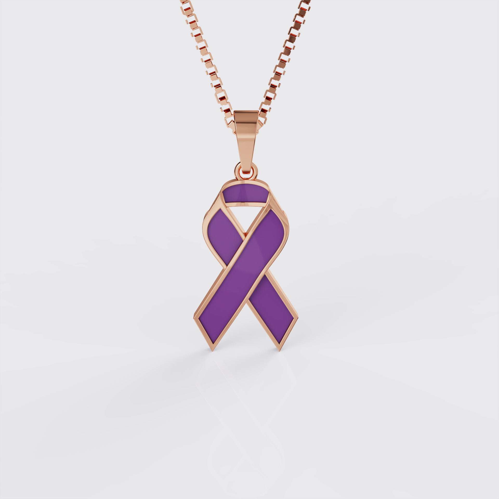 Rose gold pancreatic cancer awareness ribbon pendant necklace with purple enamel, front view.