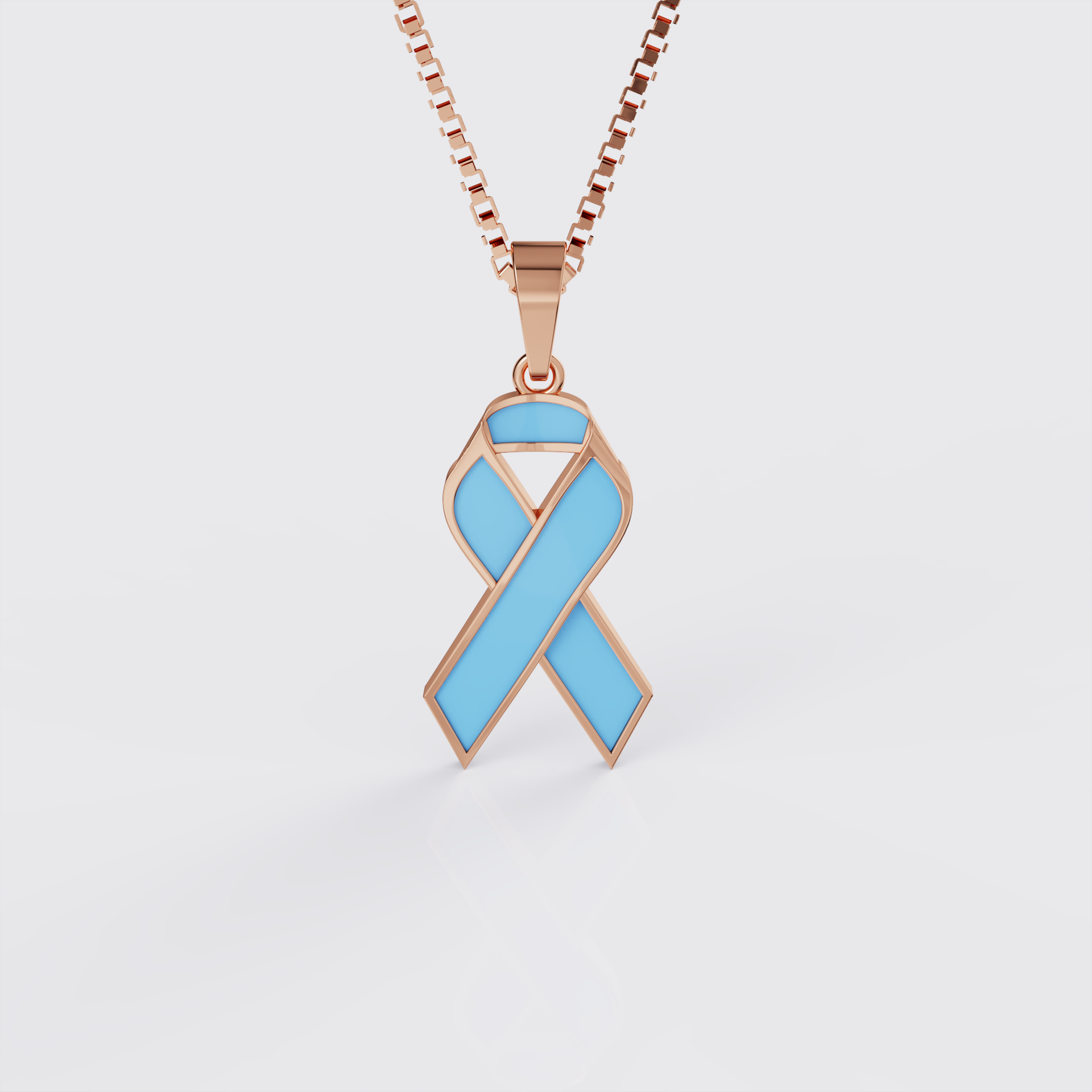Rose gold prostate cancer awareness ribbon pendant necklace with light blue enamel, front view.