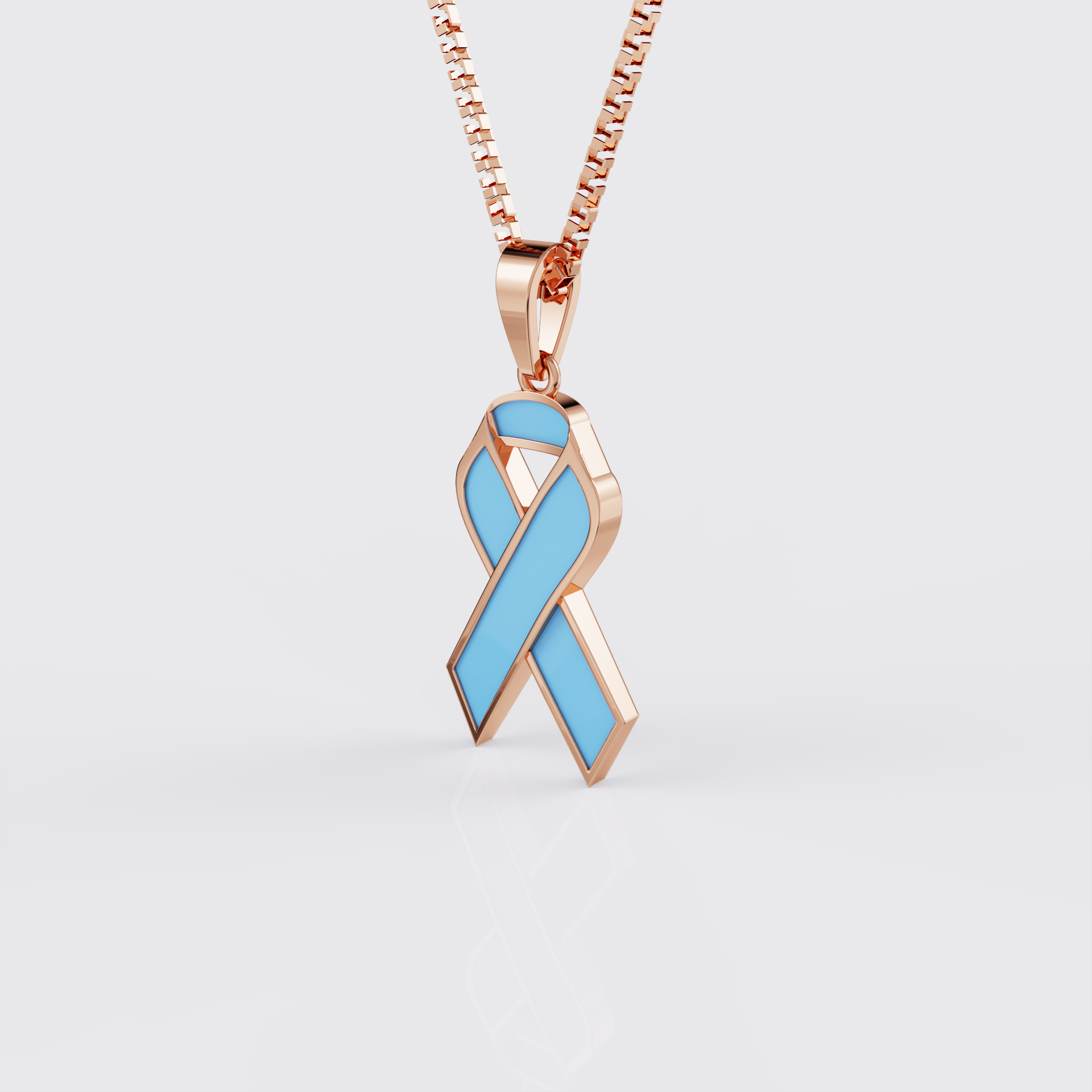 Side profile of rose gold prostate cancer awareness ribbon pendant necklace.