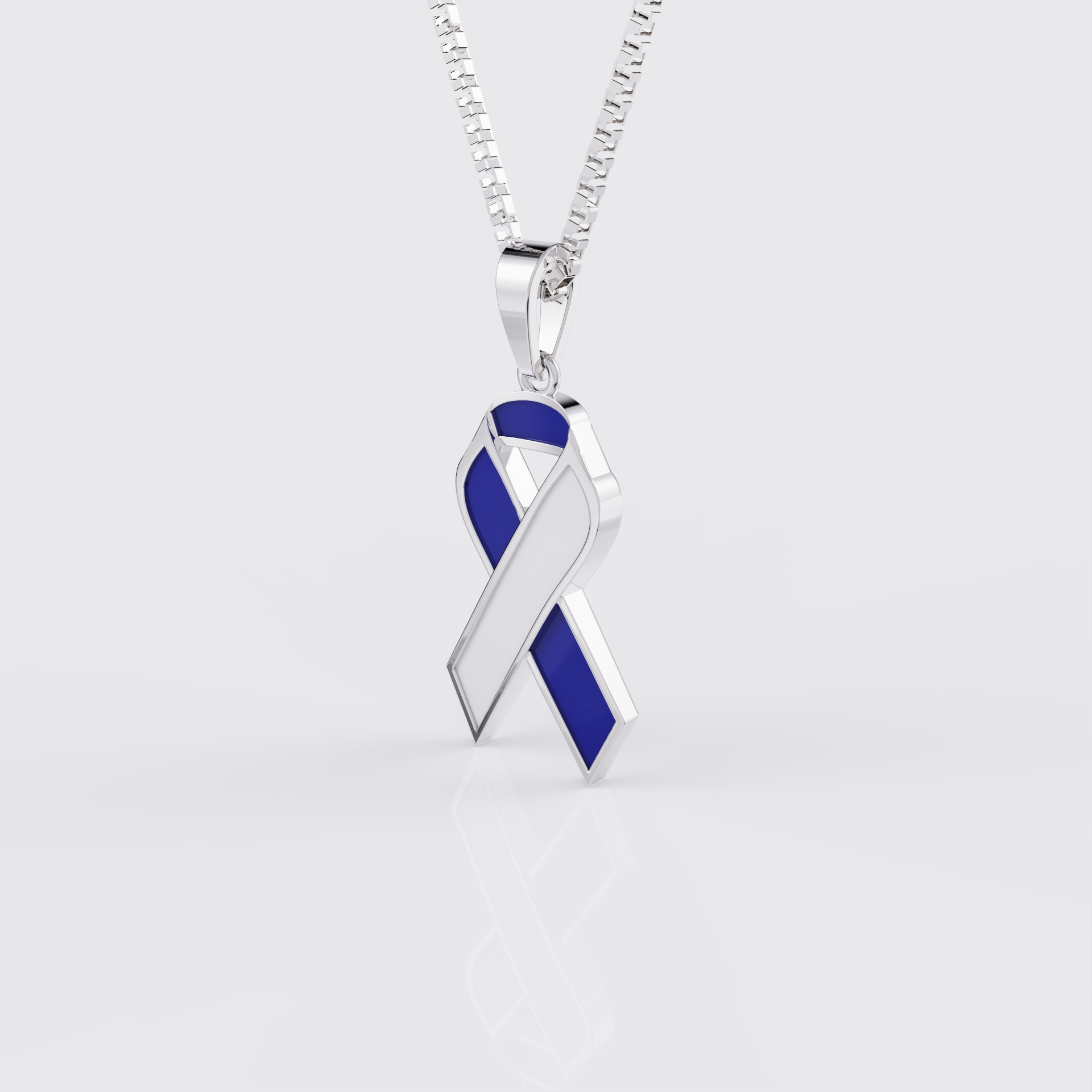 Side profile of white gold ALS awareness ribbon pendant necklace.