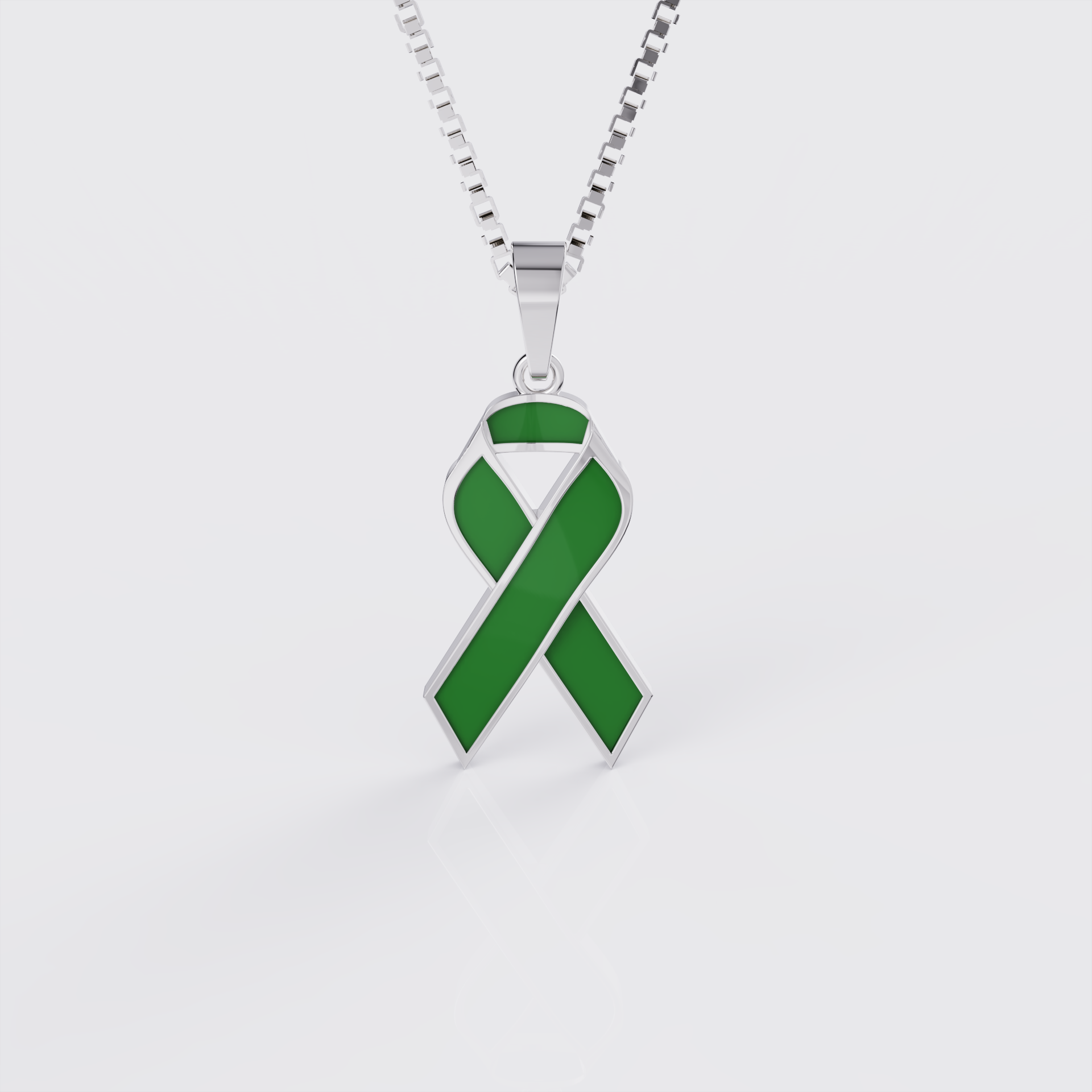 White gold cerebral palsy awareness ribbon pendant necklace with green enamel, front view.