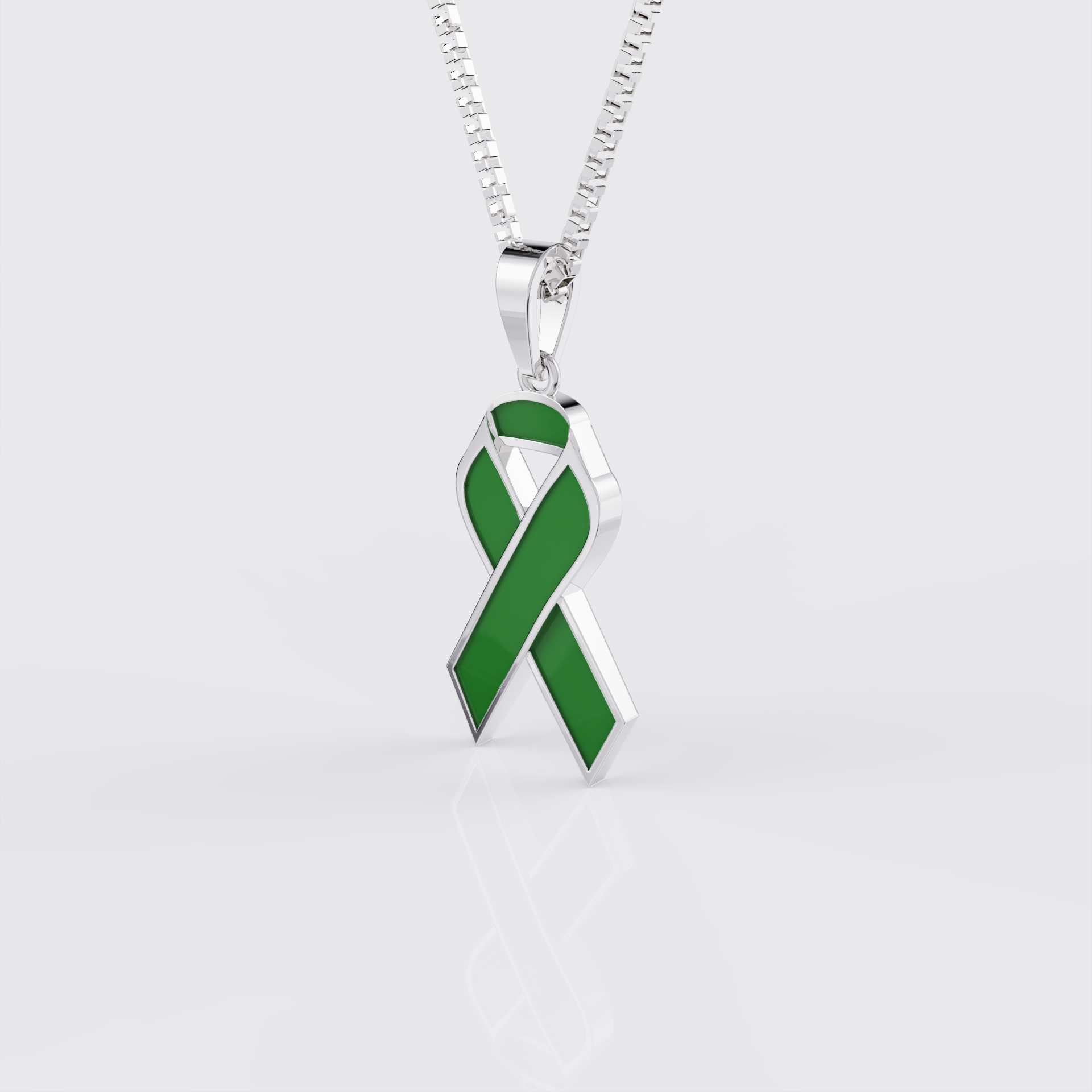 Side profile of white gold cerebral palsy awareness ribbon pendant necklace.