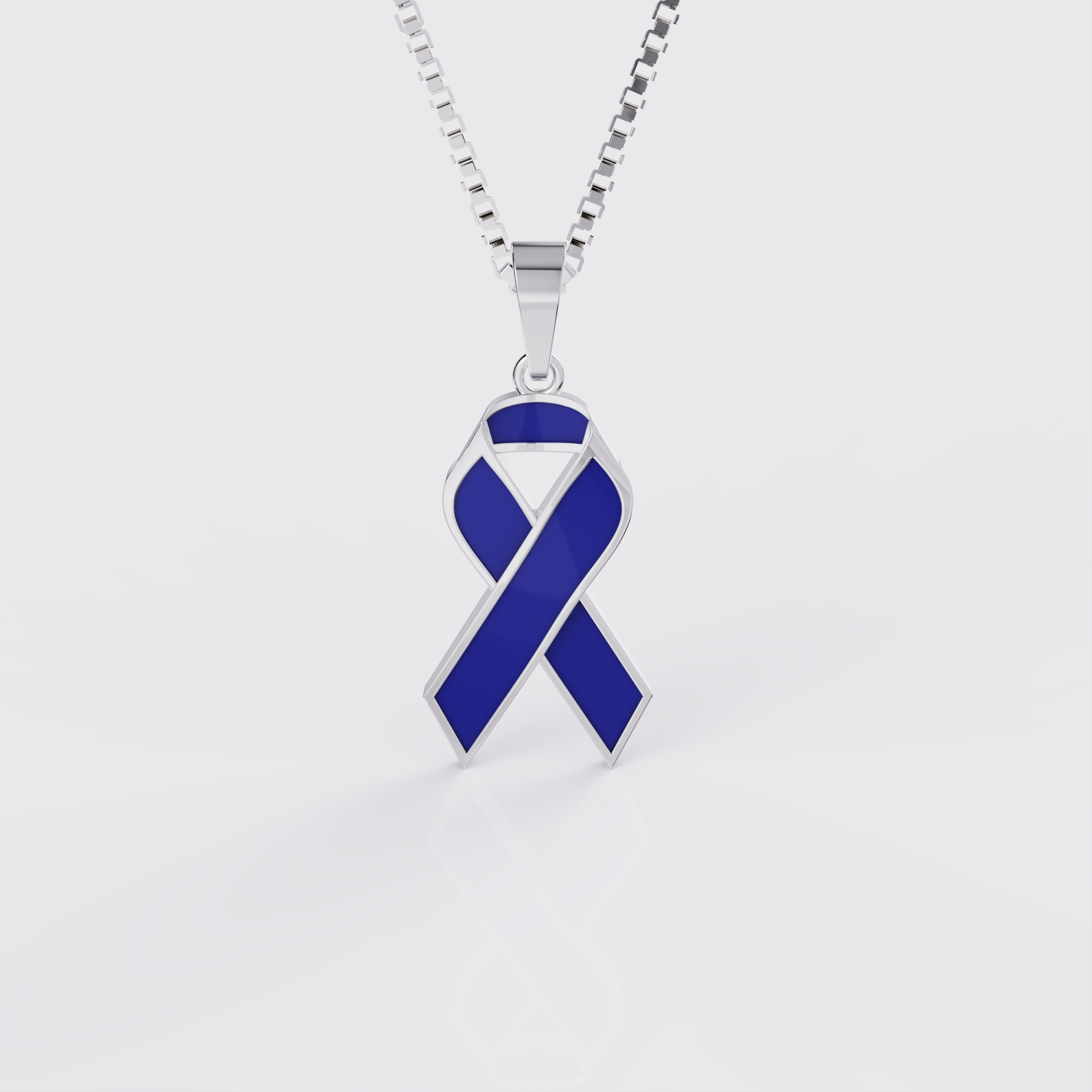White gold colorectal cancer awareness ribbon pendant necklace with blue enamel, front view.