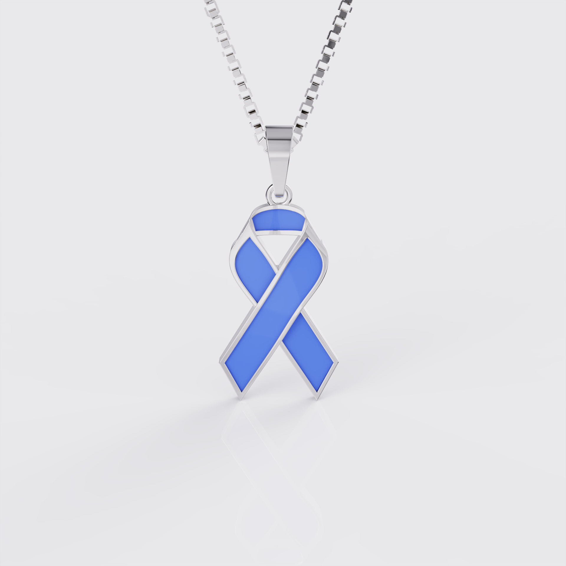 White gold esophageal cancer awareness ribbon pendant necklace with periwinkle enamel, front view.