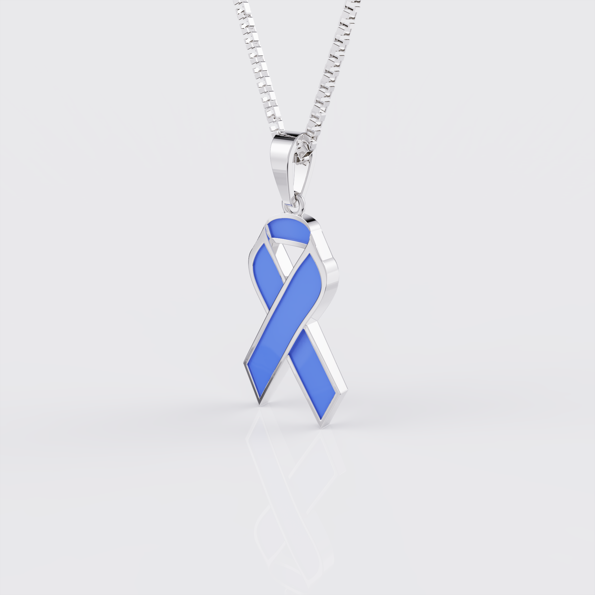 Side profile of white gold esophageal cancer awareness ribbon pendant necklace.