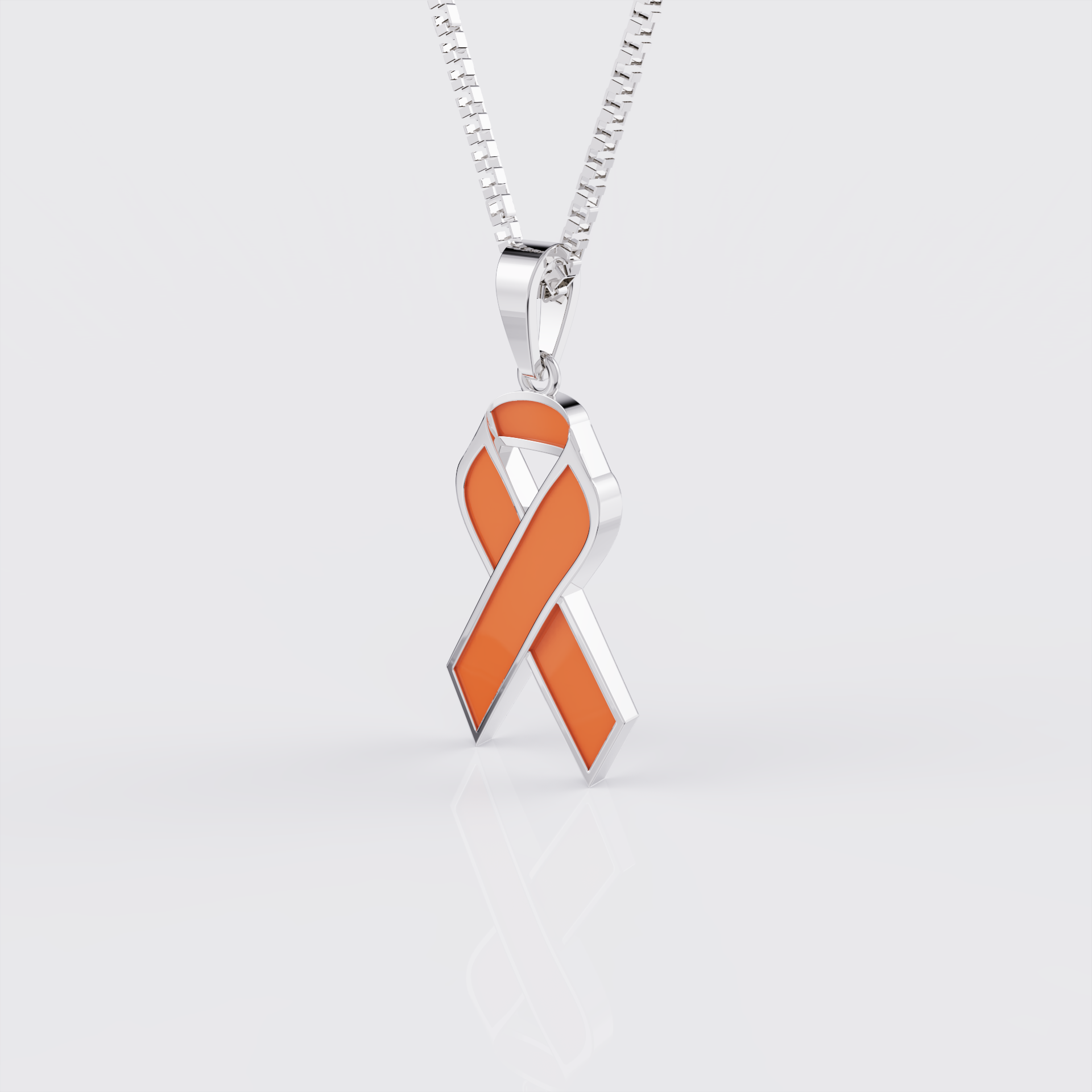 Side profile of white gold kidney cancer awareness ribbon pendant necklace.