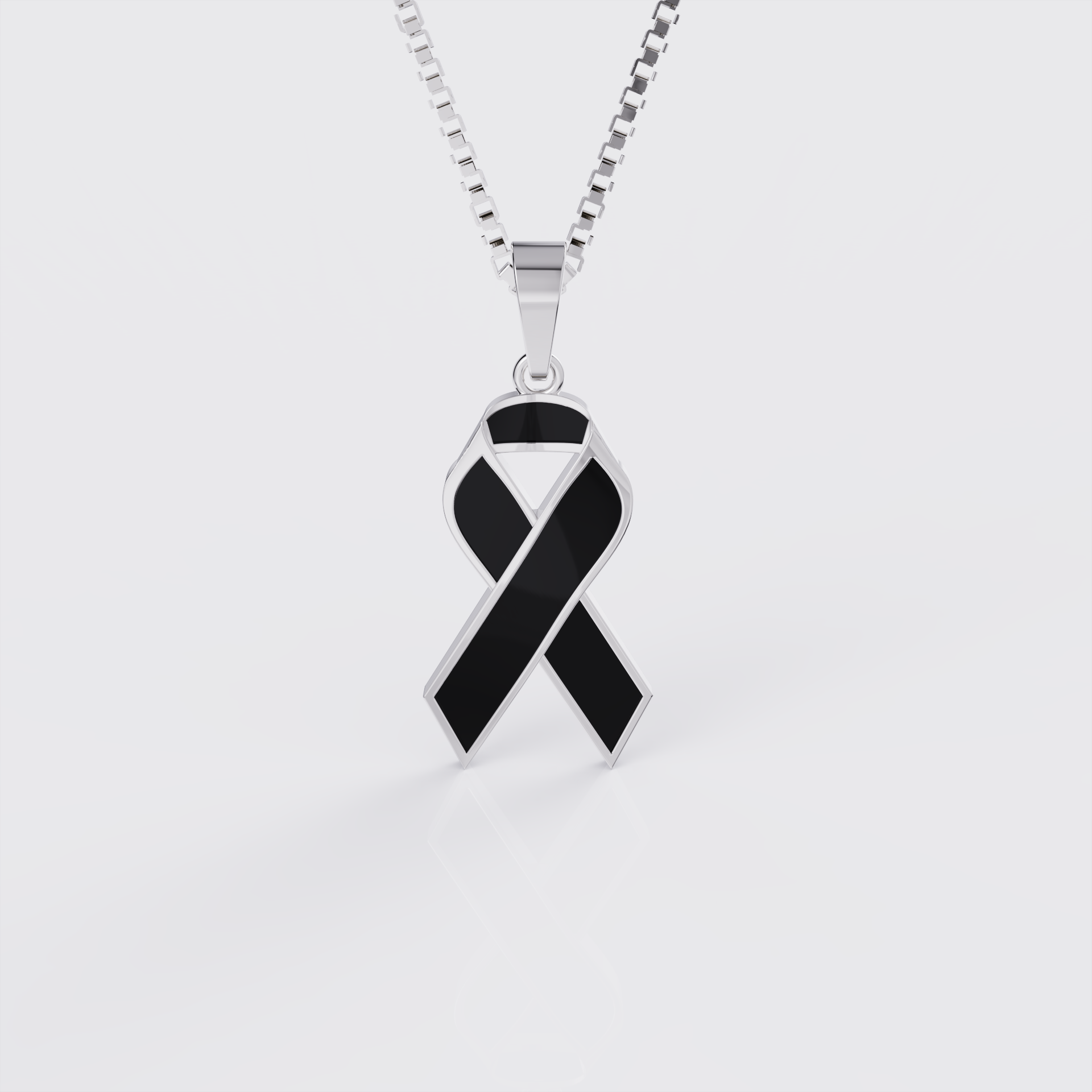 White gold melanoma skin cancer awareness ribbon pendant necklace with black enamel, front view.