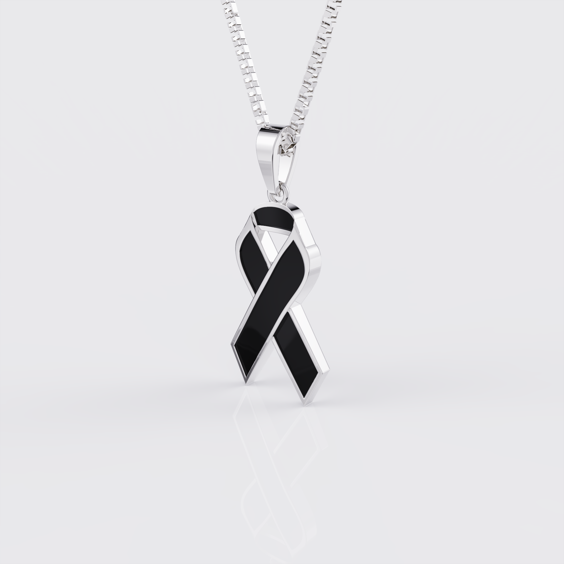 Side profile of white gold melanoma awareness ribbon pendant necklace.