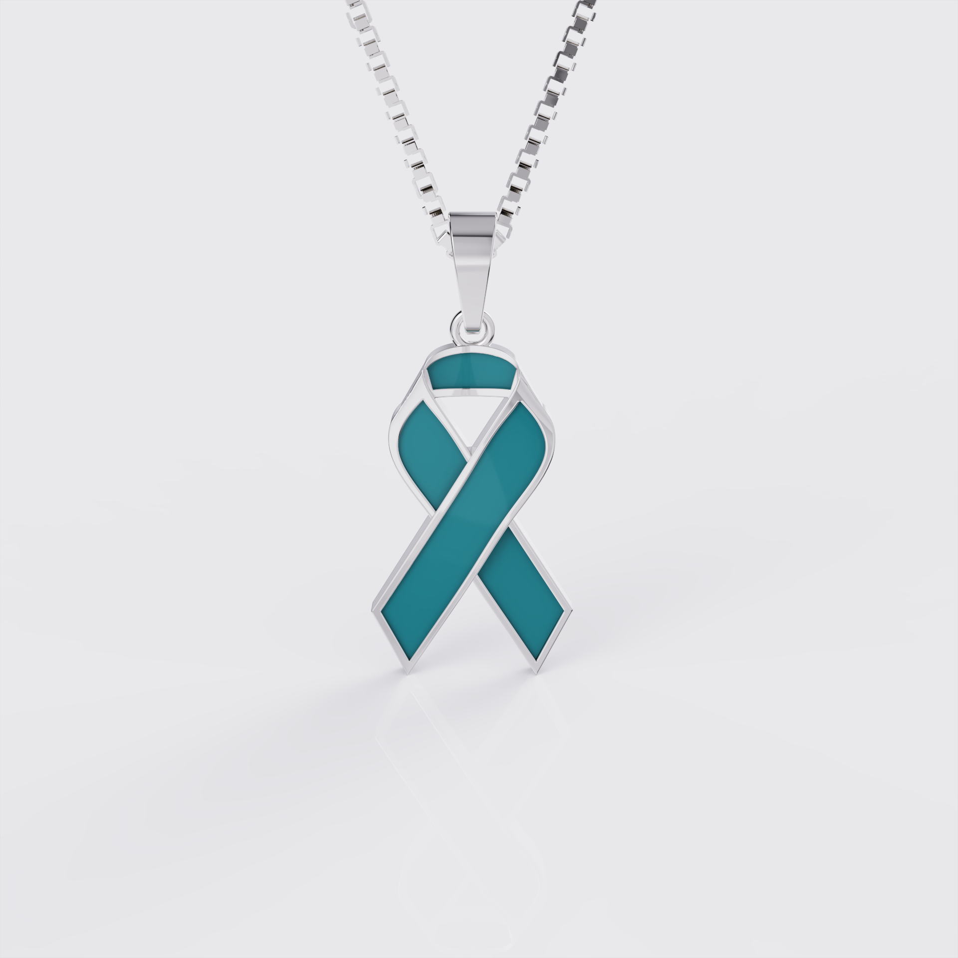 White gold ovarian cancer awareness ribbon pendant necklace with teal enamel, front view.