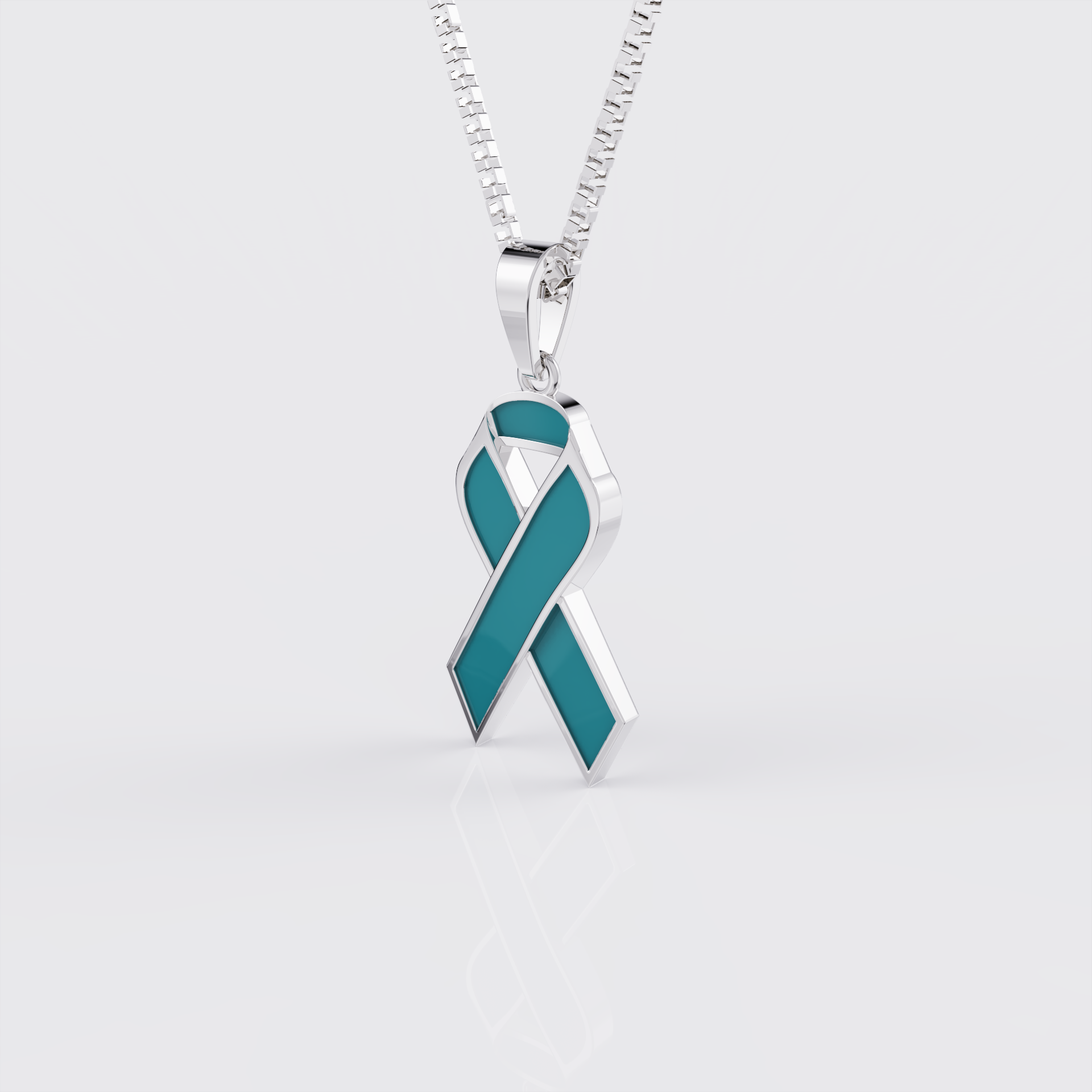 Side profile of white gold ovarian cancer awareness ribbon pendant necklace.