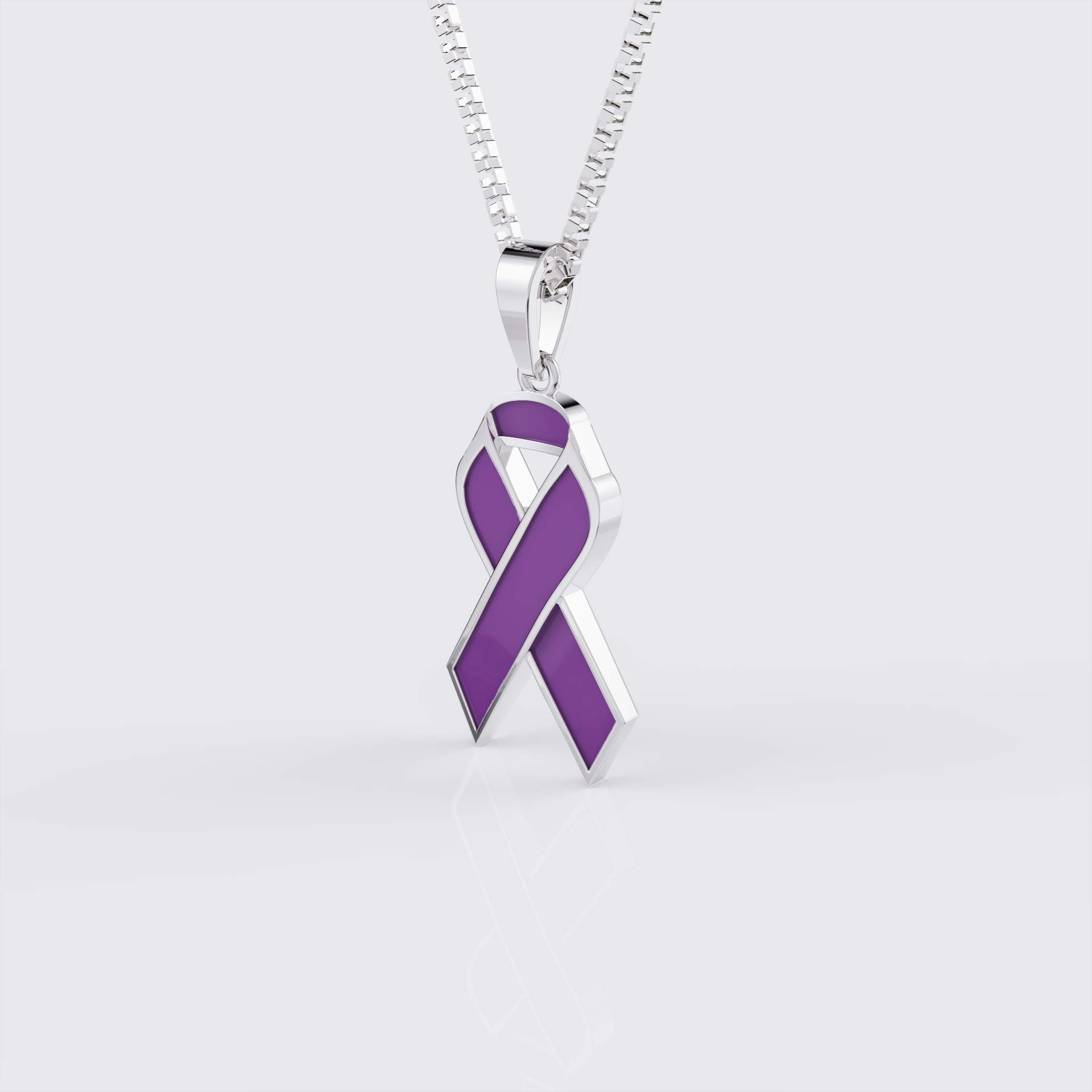 Side profile of white gold pancreatic cancer awareness ribbon pendant necklace.
