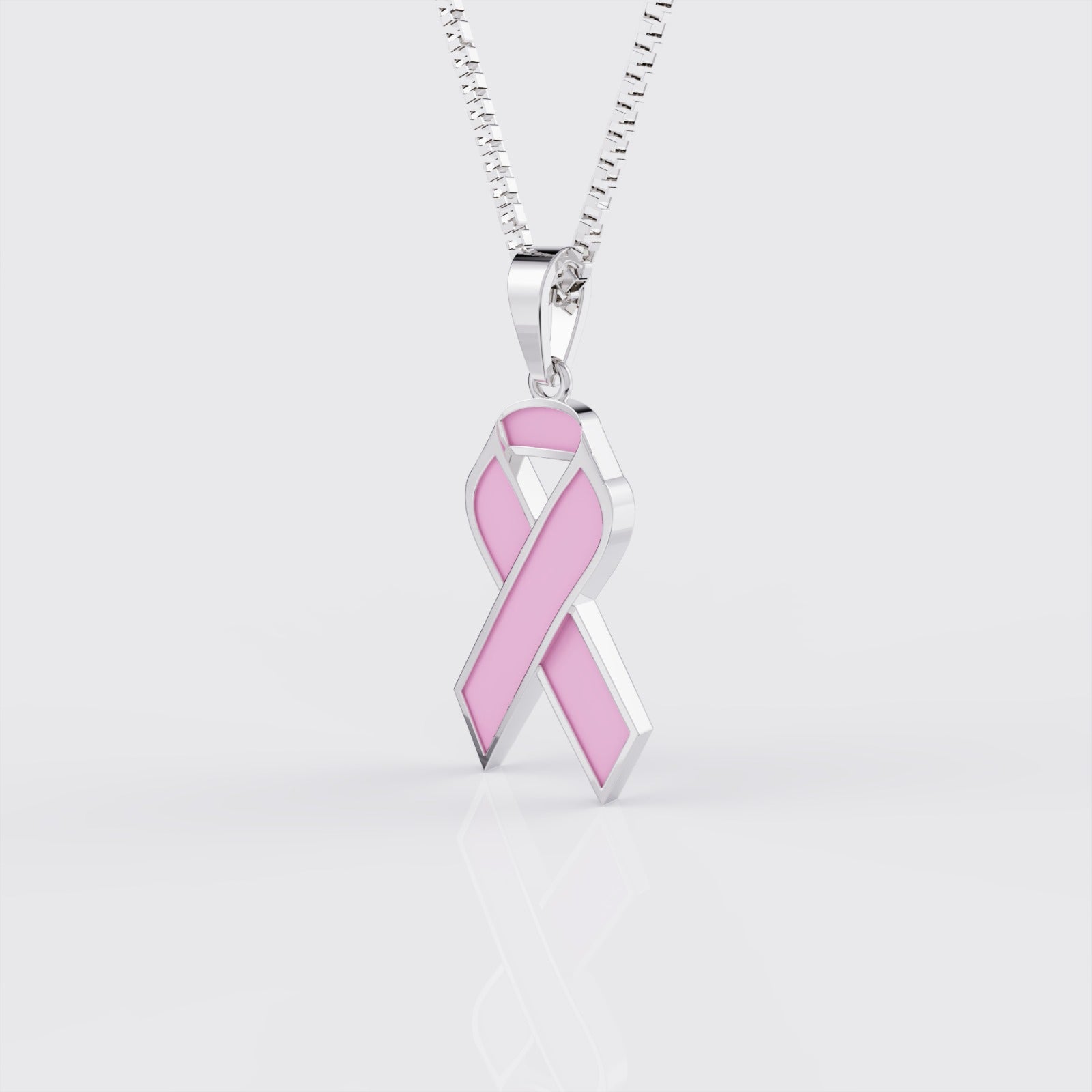 Side view of white gold breast cancer awareness ribbon pendant necklace.