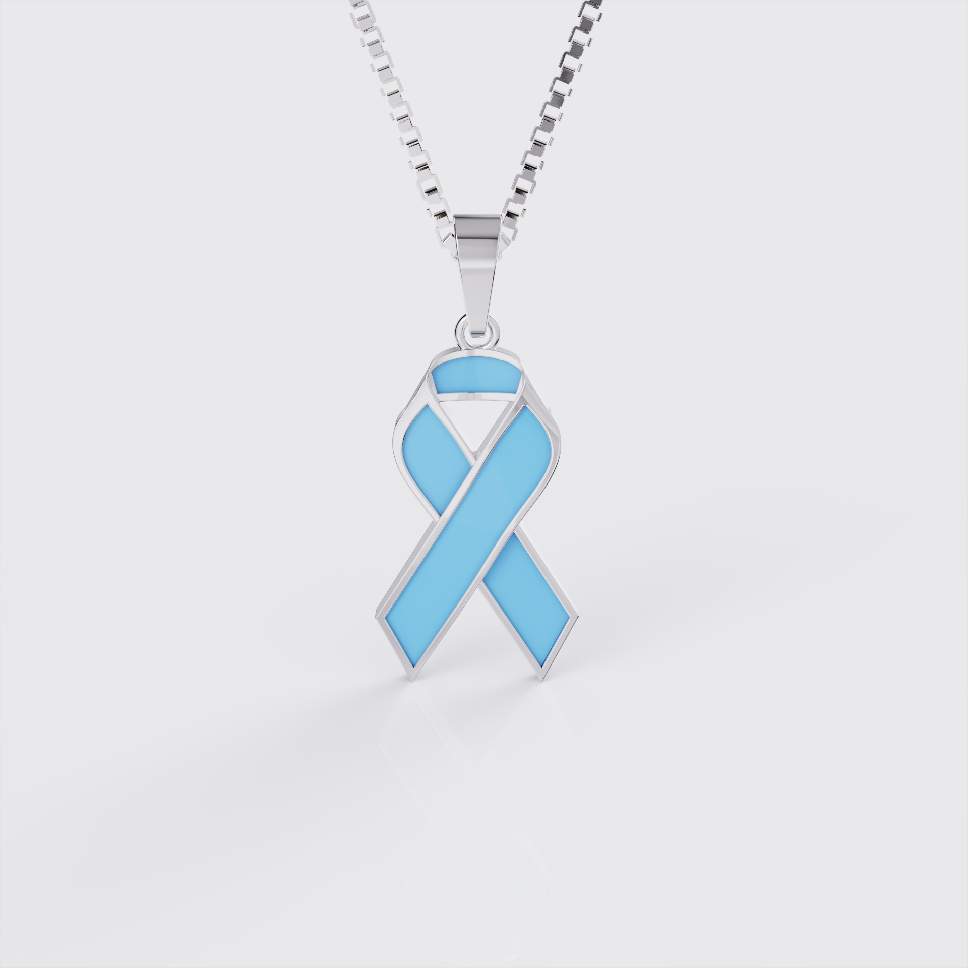 White gold prostate cancer awareness ribbon pendant necklace with light blue enamel, front view.