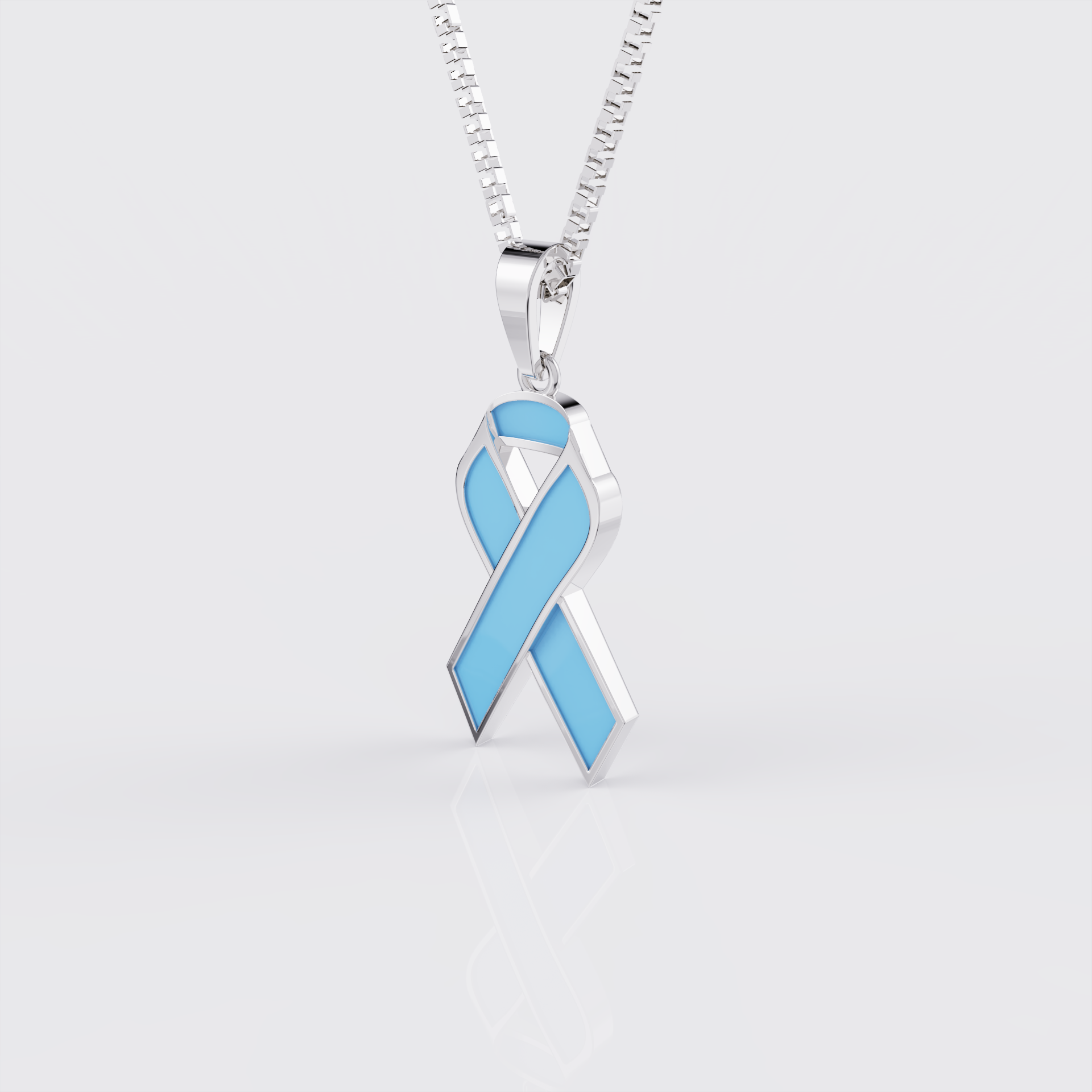 Side profile of white gold prostate cancer awareness ribbon pendant necklace.