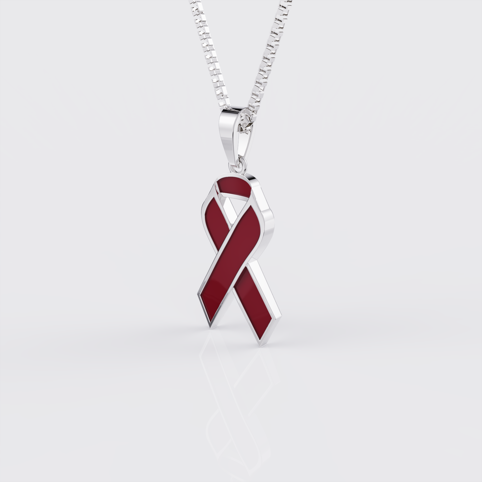 Side profile of white gold sickle cell awareness ribbon pendant necklace.