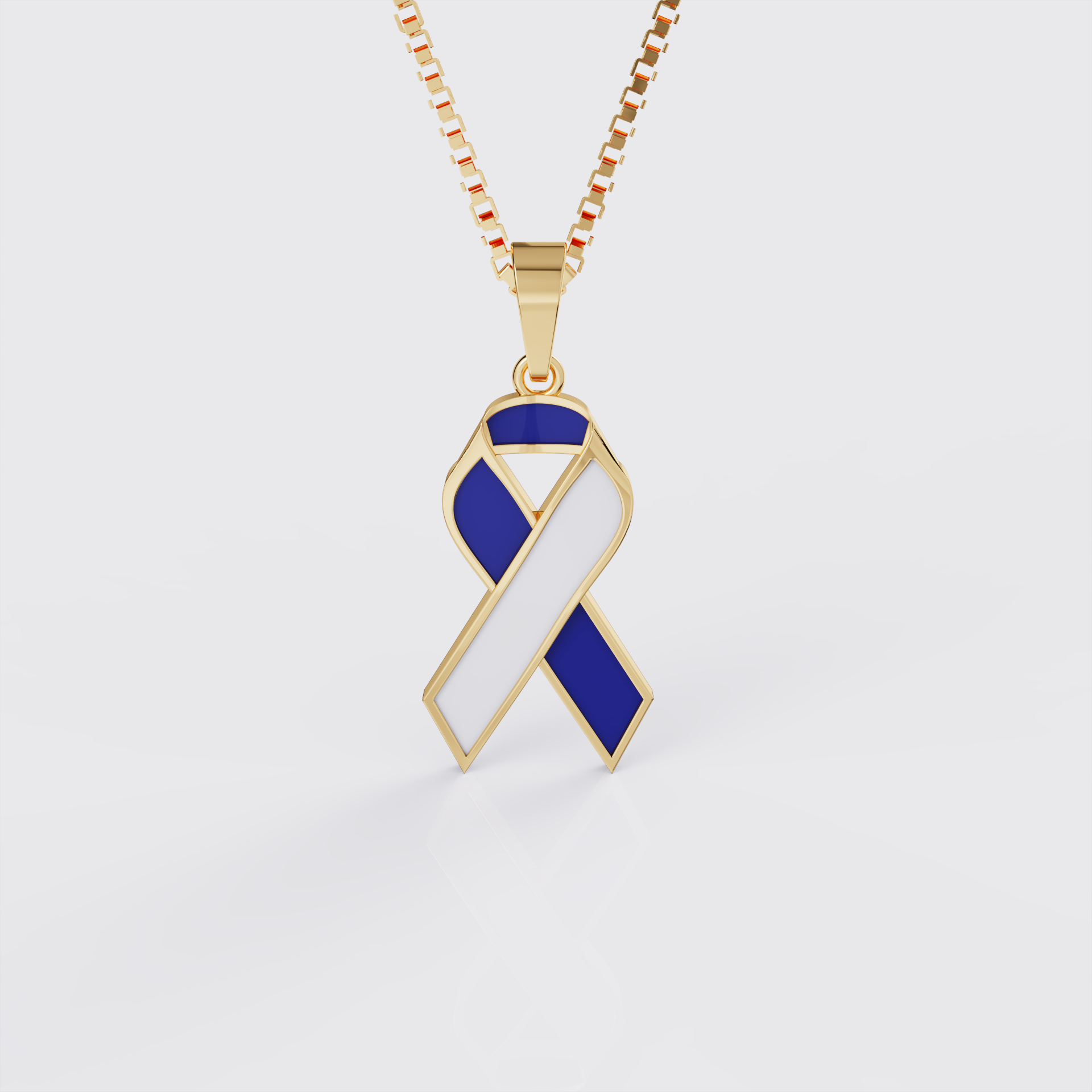 Yellow gold ALS awareness ribbon pendant necklace with blue enamel, front facing.