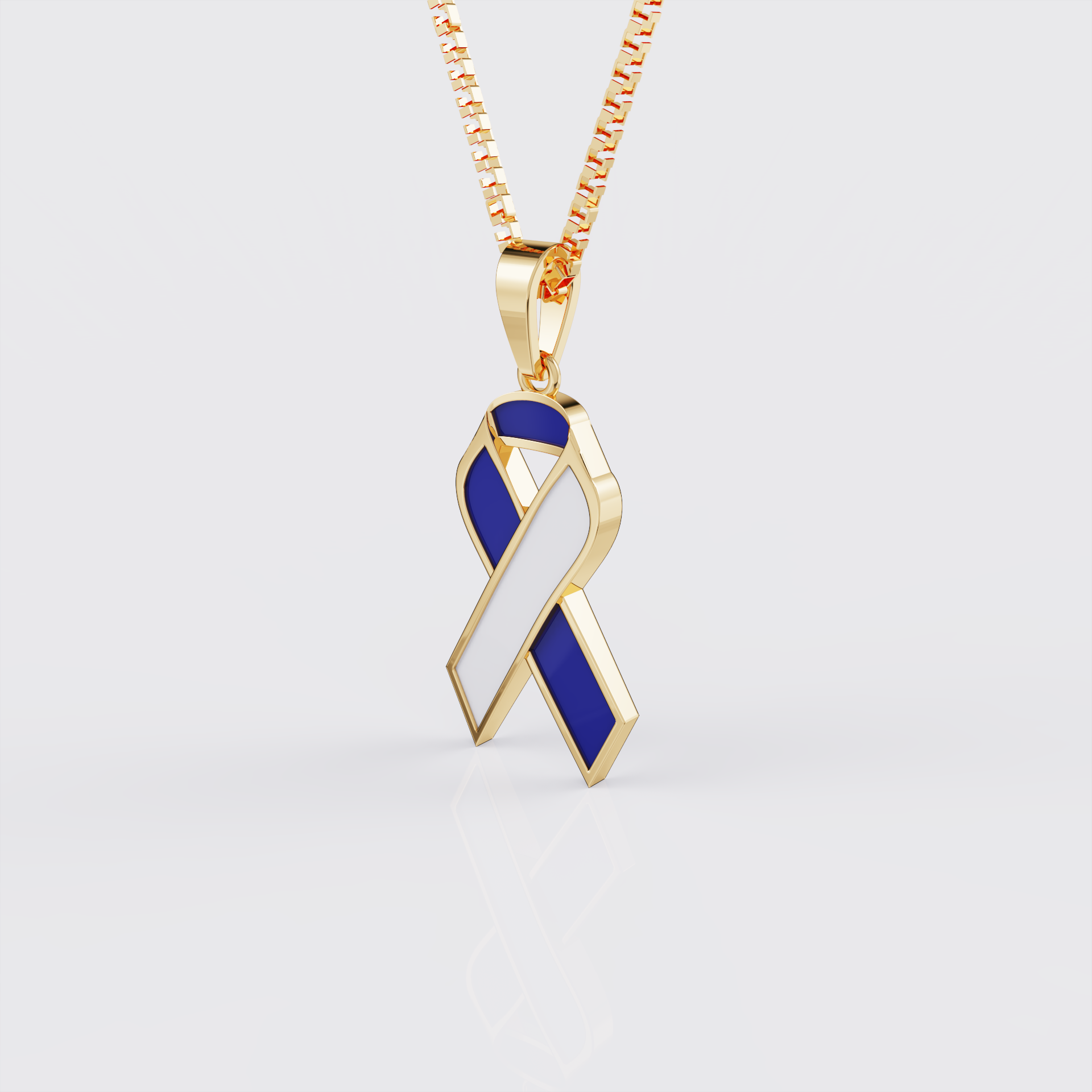 Side view of yellow gold ALS awareness ribbon pendant necklace.