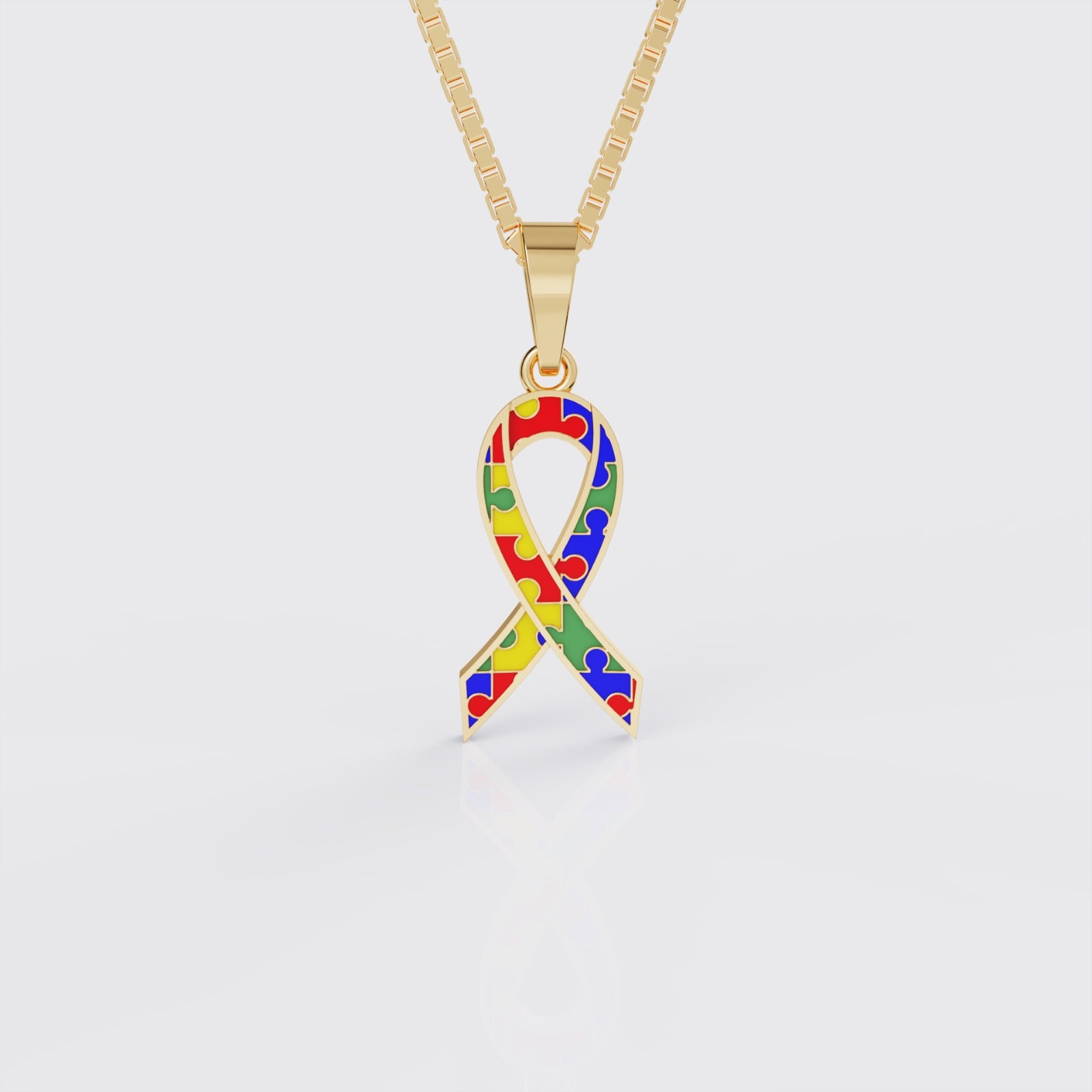 Yellow gold autism awareness ribbon pendant necklace, front facing.