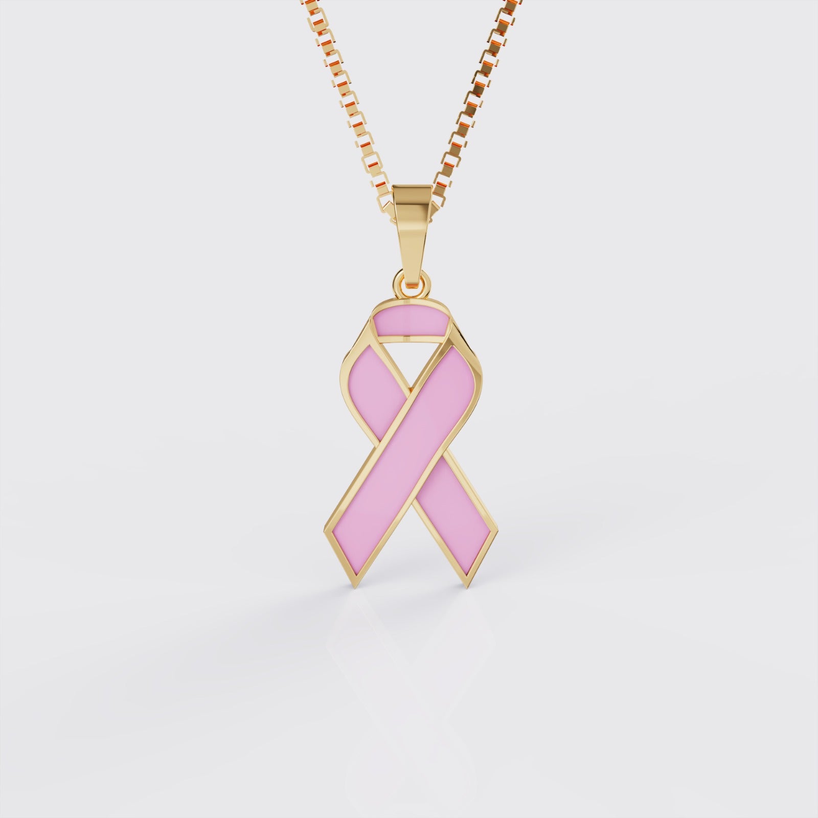 Yellow gold breast cancer ribbon pendant necklace with pink enamel, front view.