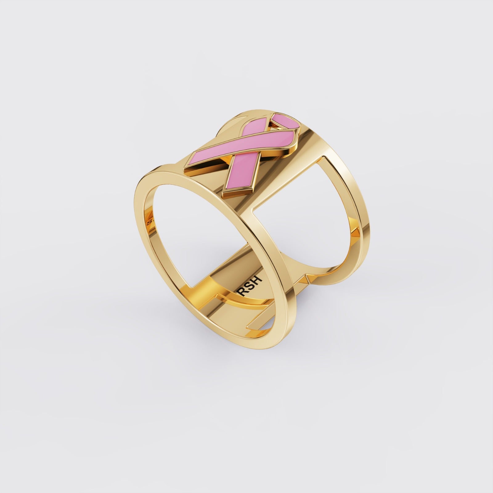 Back view of yellow gold breast cancer ribbon awareness ring.