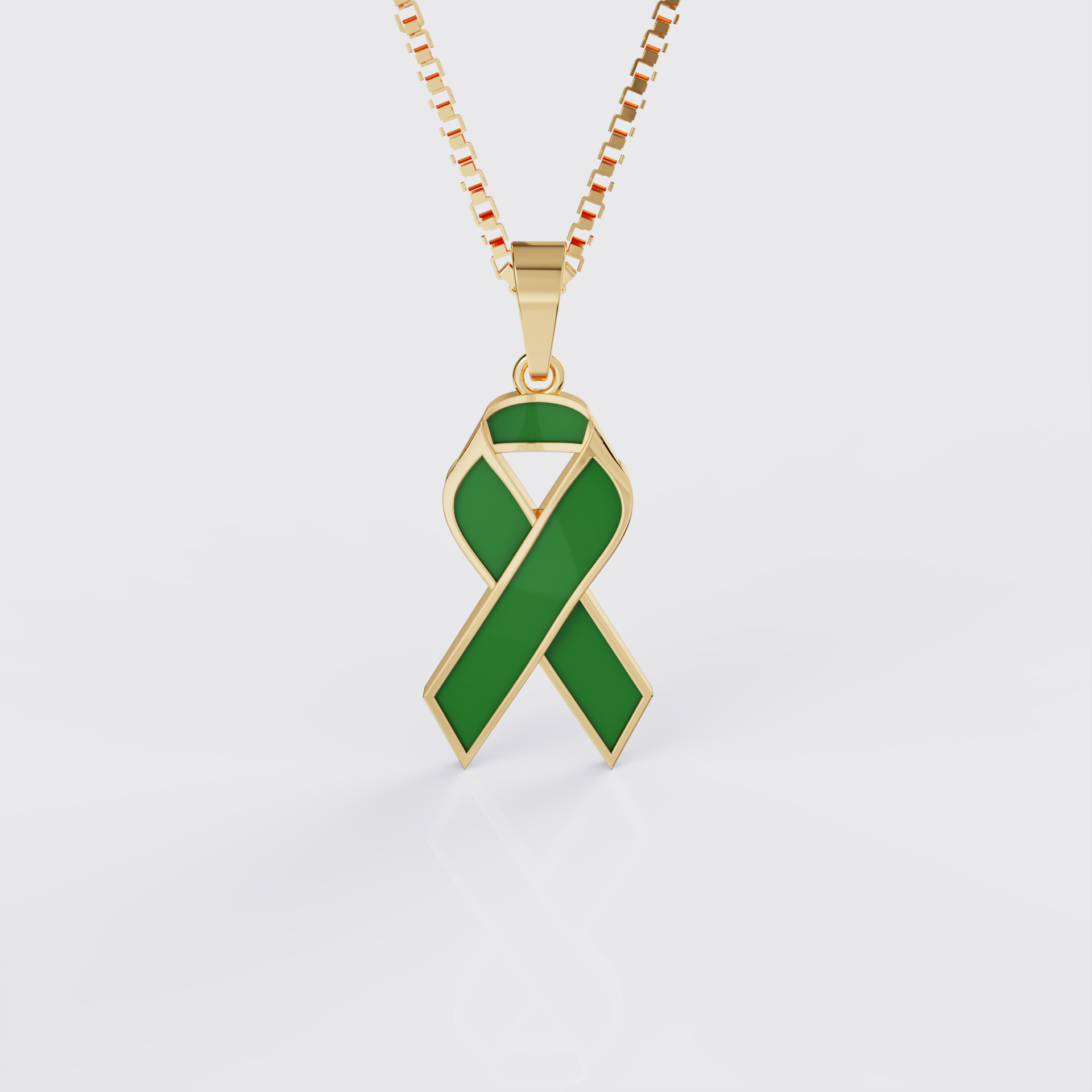 Yellow gold cerebral palsy awareness ribbon pendant necklace with green enamel, front view.