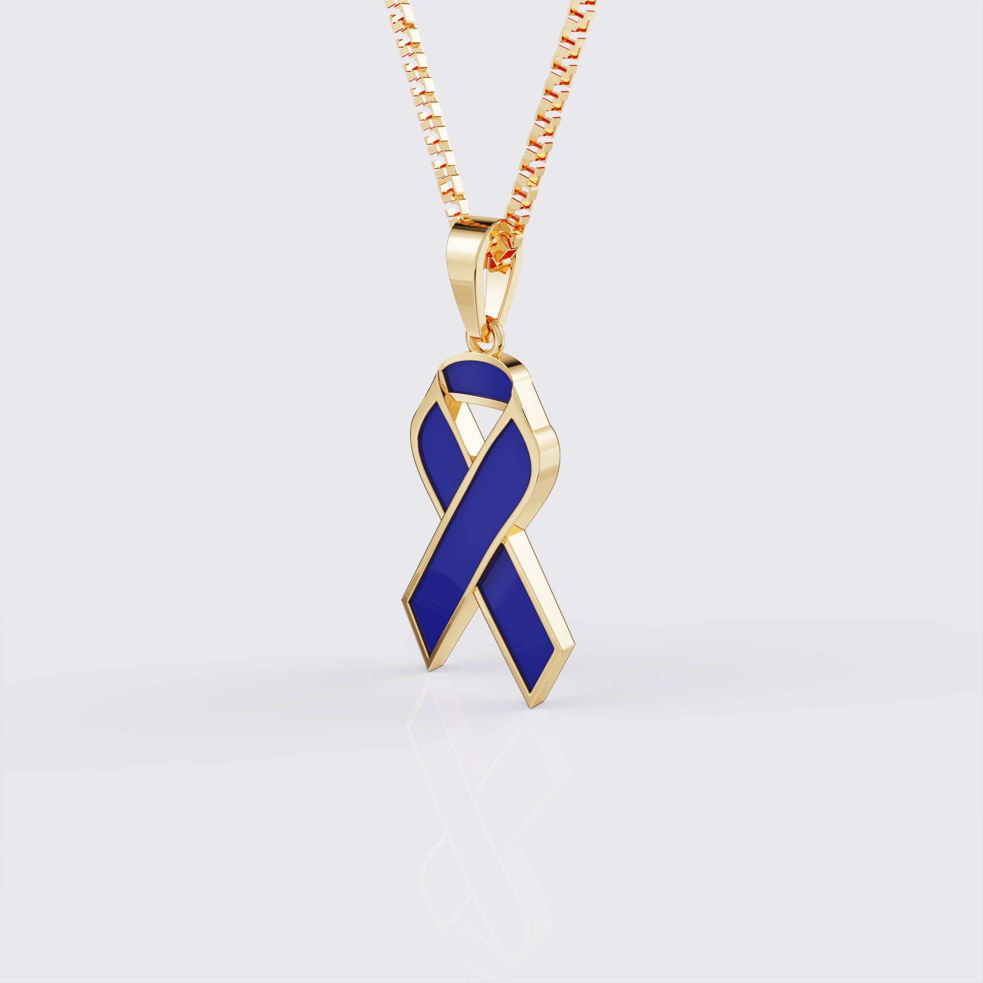 Side view of yellow gold colorectal cancer awareness ribbon pendant necklace.
