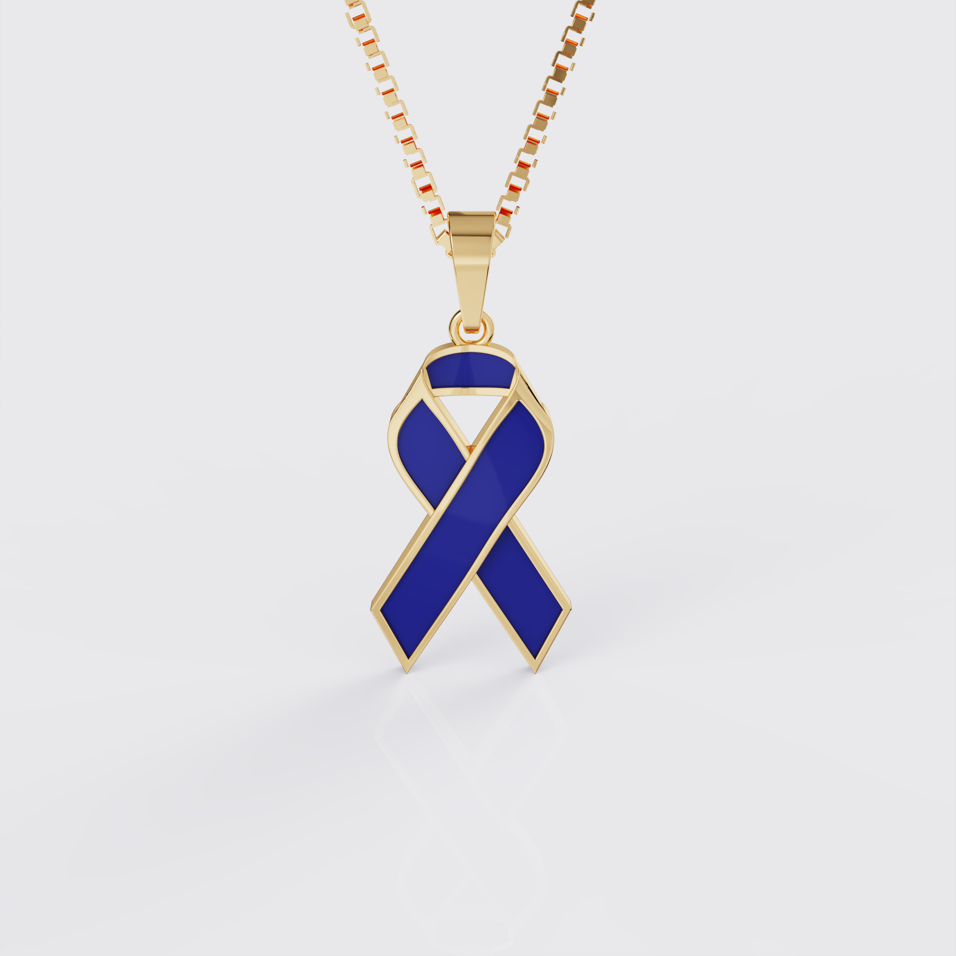 Yellow gold colorectal cancer awareness ribbon pendant necklace with blue enamel, front view.