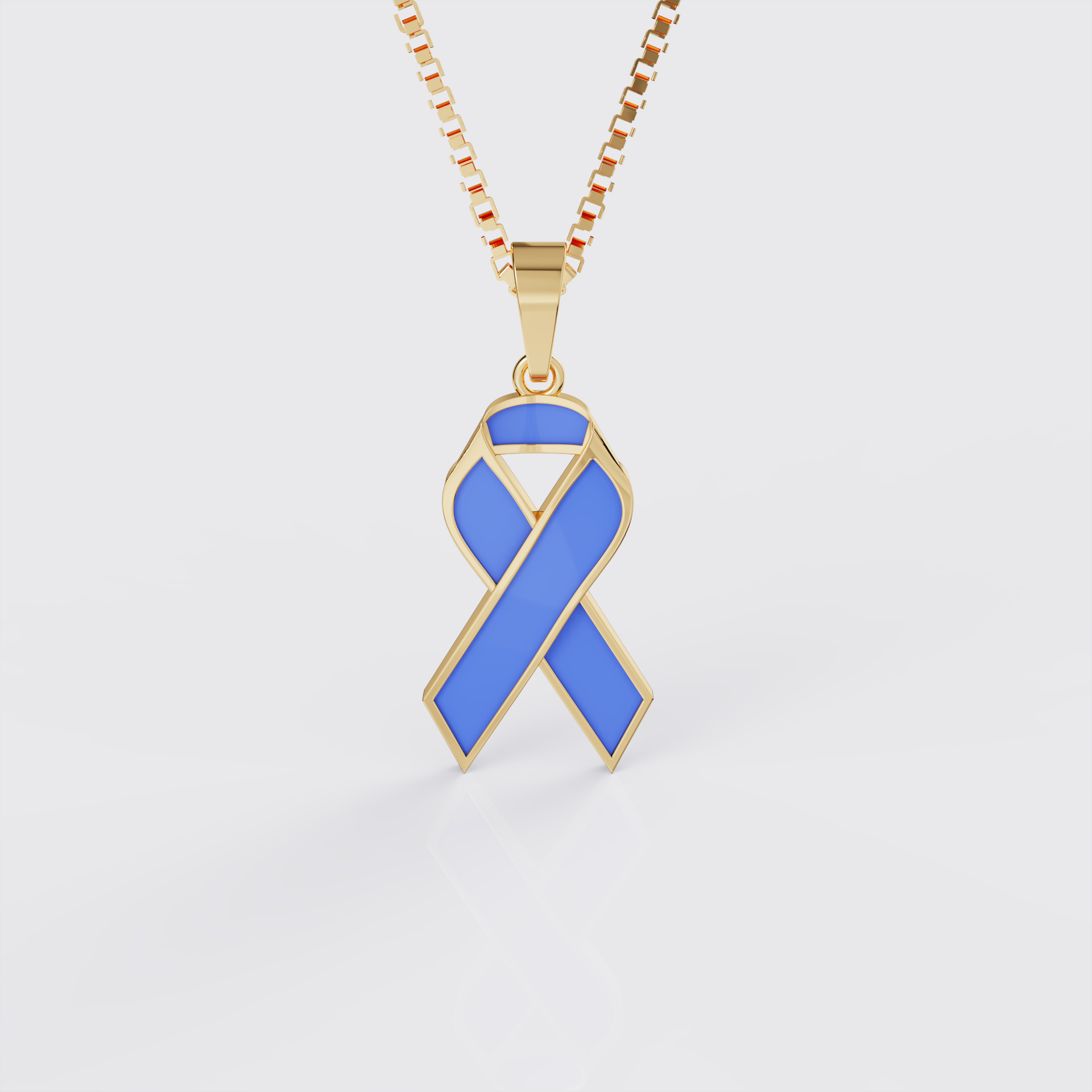 Yellow gold esophageal cancer awareness ribbon pendant necklace with periwinkle enamel, front view.