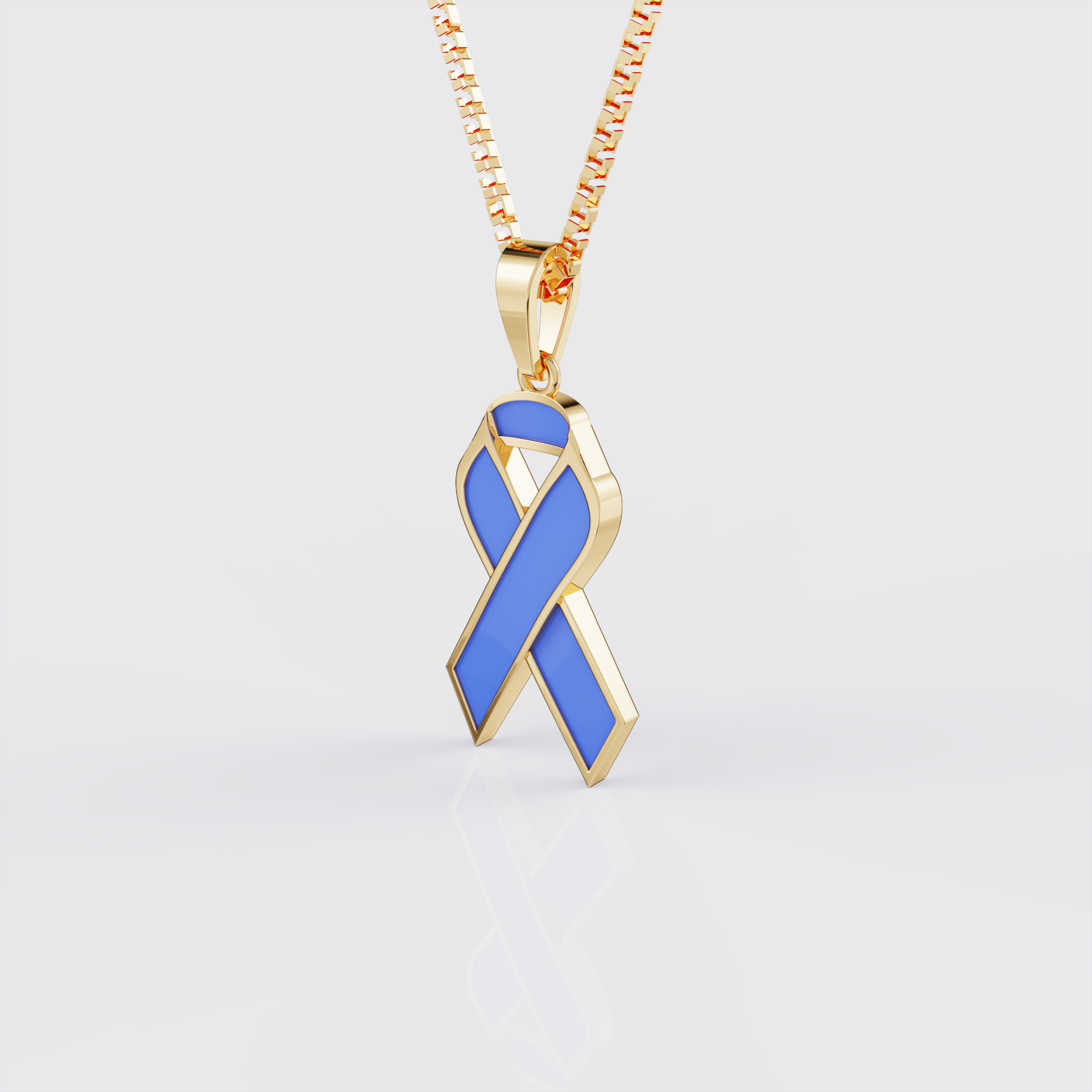 Side view of yellow gold esophageal cancer awareness ribbon pendant necklace.