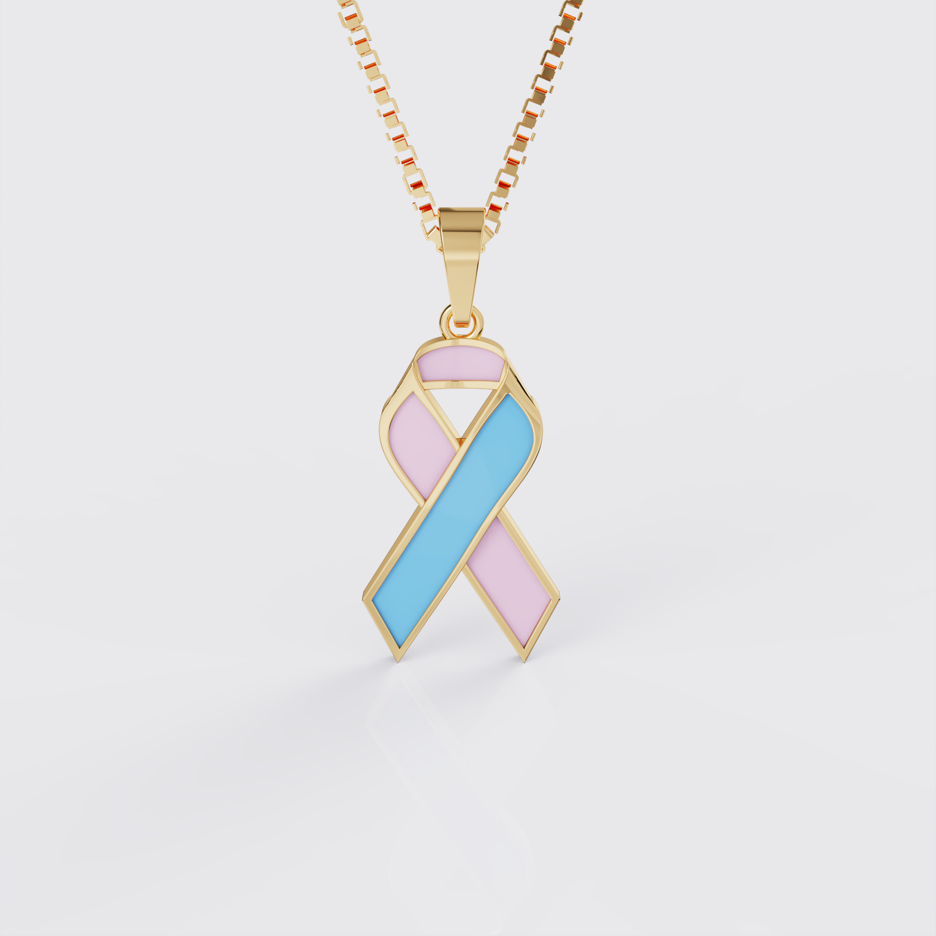 Yellow gold infant loss awareness ribbon pendant necklace with pink and blue enamel, front view.