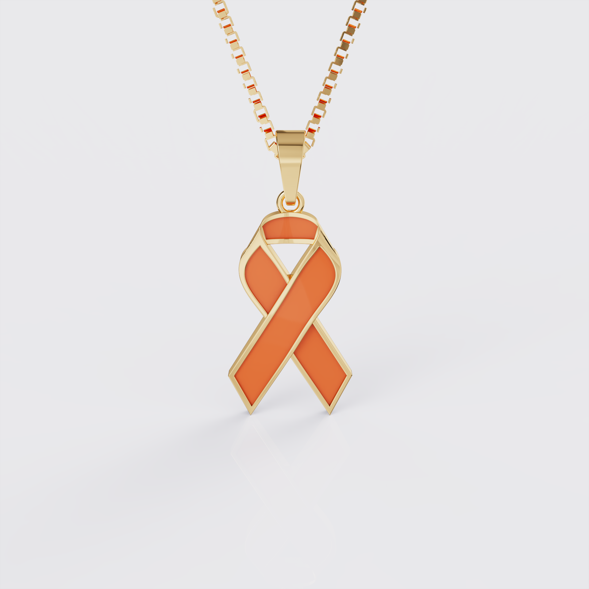 Yellow gold kidney cancer awareness ribbon pendant necklace with orange enamel, front view.