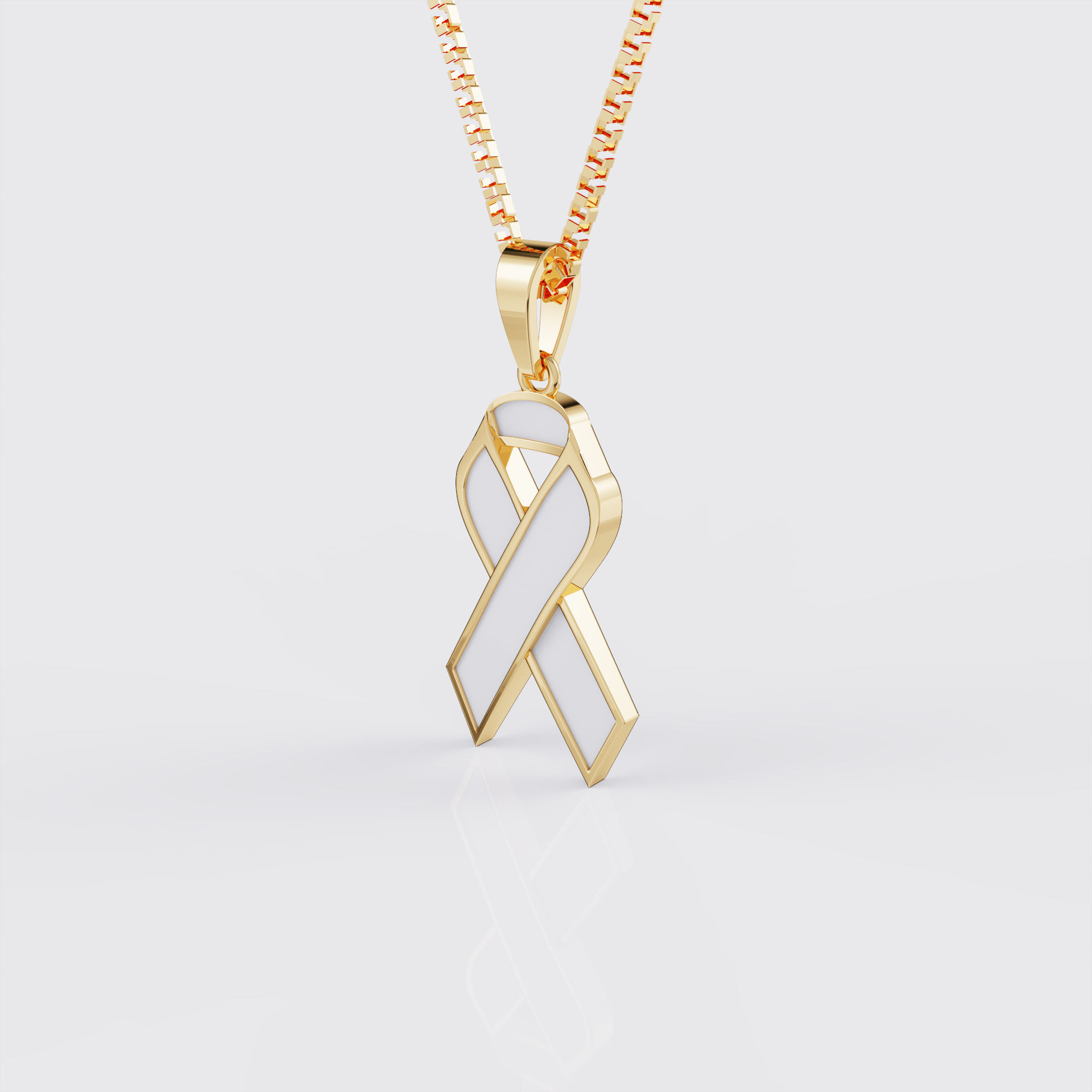 Side view of yellow gold lung cancer awareness ribbon pendant necklace.