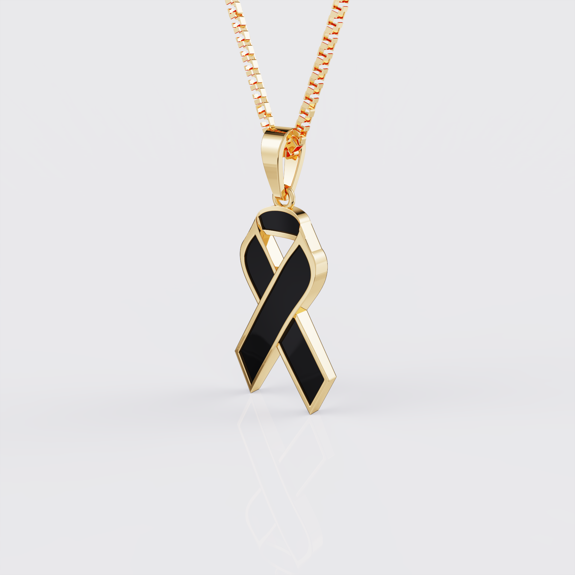 Side view of yellow gold melanoma awareness ribbon pendant necklace.