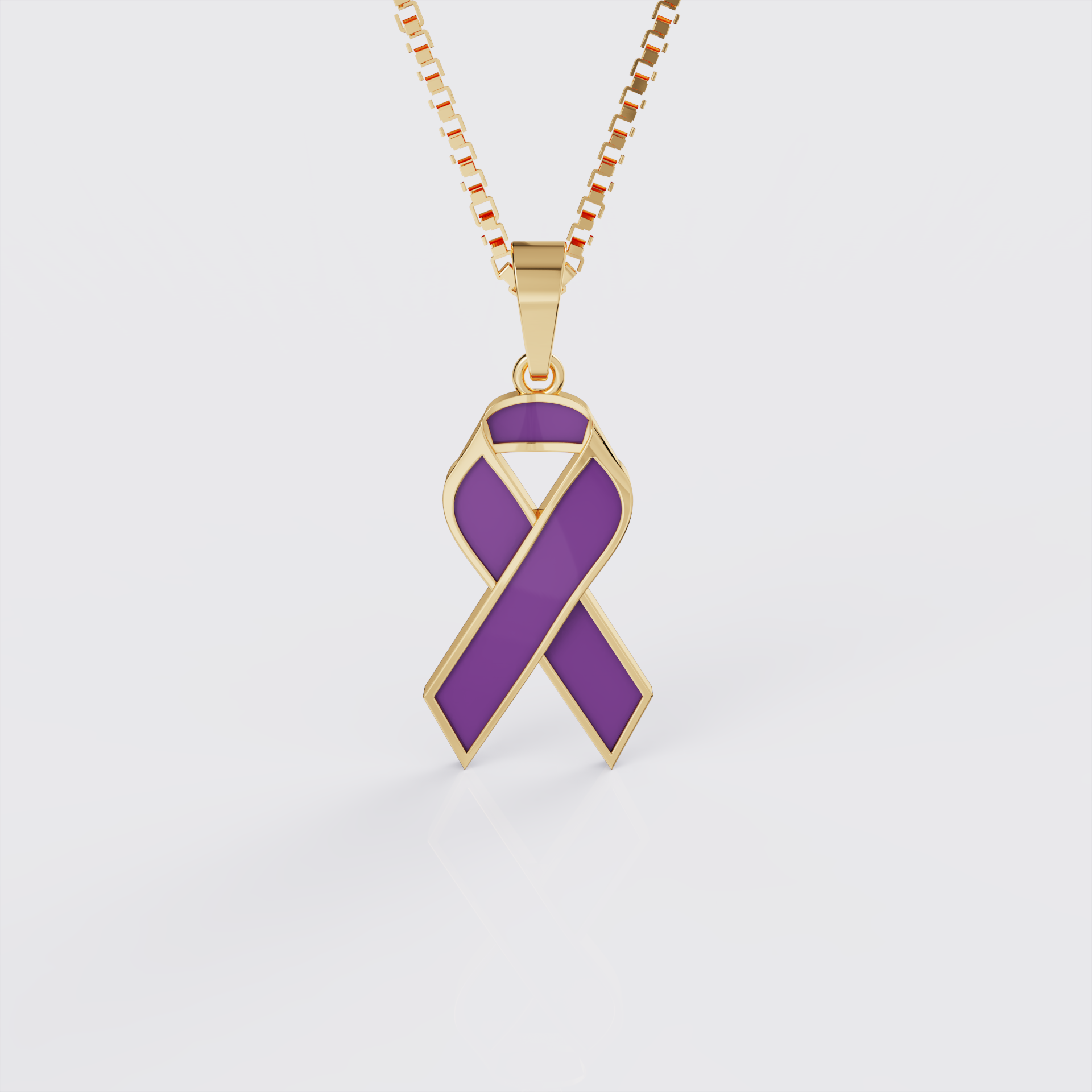 Yellow gold pancreatic cancer awareness ribbon pendant necklace with purple enamel, front view.