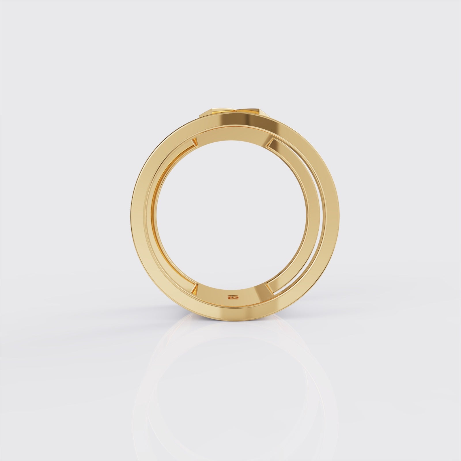 Side view of yellow gold breast cancer awareness ribbon ring.