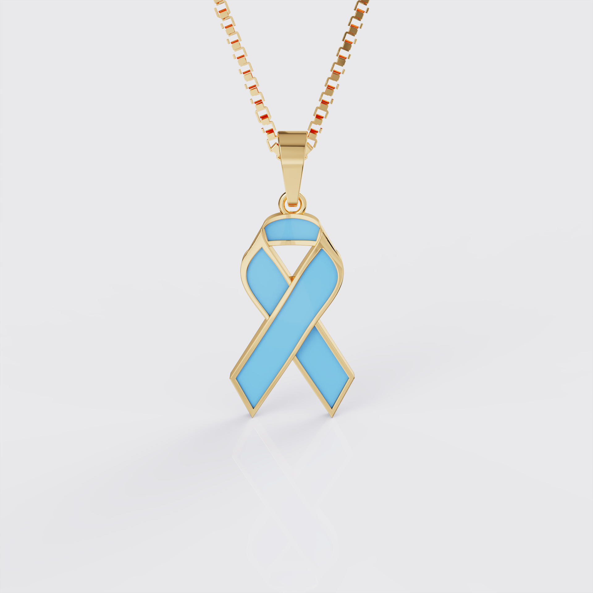 Yellow gold prostate cancer awareness ribbon pendant necklace with light blue enamel, front view.