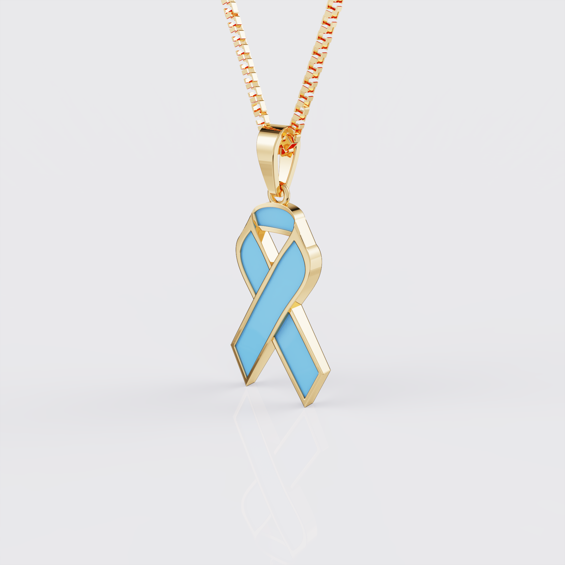 Side view of yellow gold prostate cancer awareness ribbon pendant necklace.